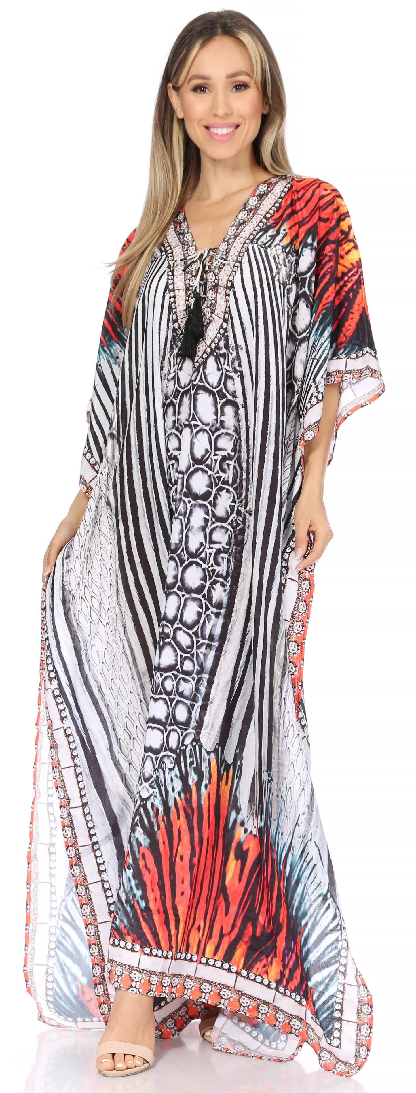 Sakkas Georgettina Flowy Rhinestone V Neck Long Caftan Dress/Cover Up - Concordia Style Boutique