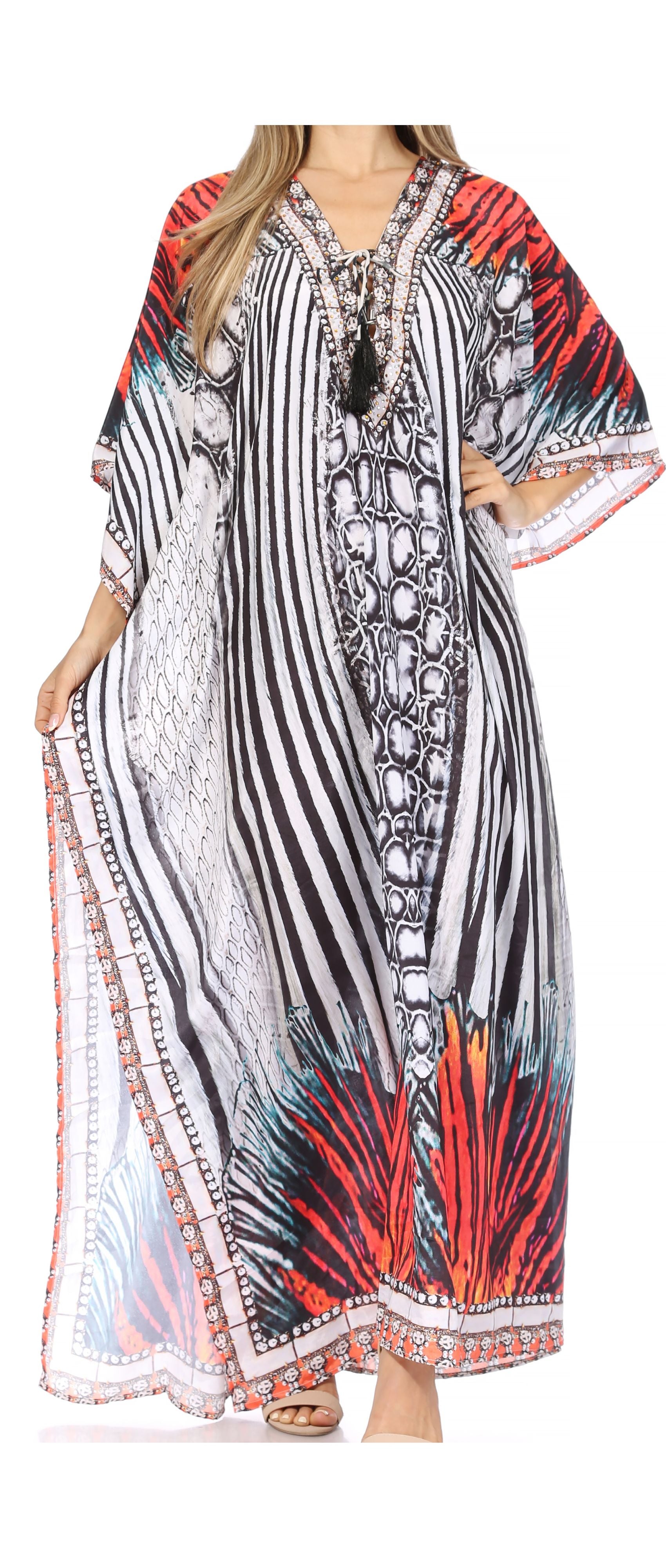Sakkas Georgettina Flowy Rhinestone V Neck Long Caftan Dress/Cover Up - Concordia Style Boutique