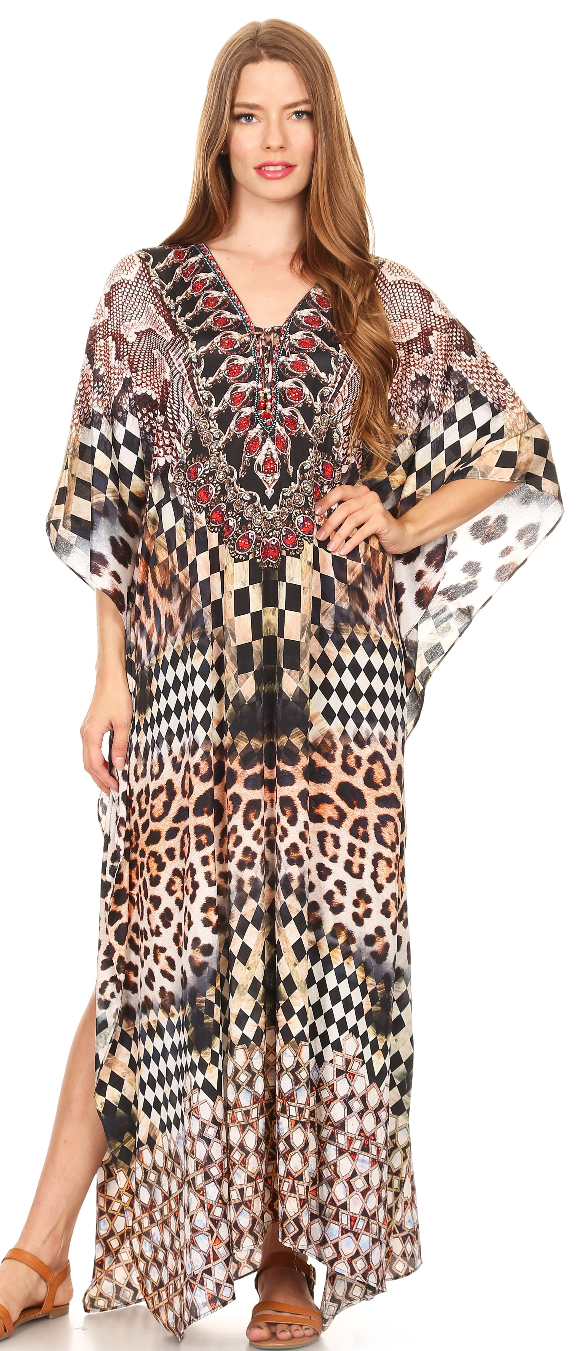 Sakkas Georgettina Flowy Rhinestone V Neck Long Caftan Dress/Cover Up - Concordia Style Boutique