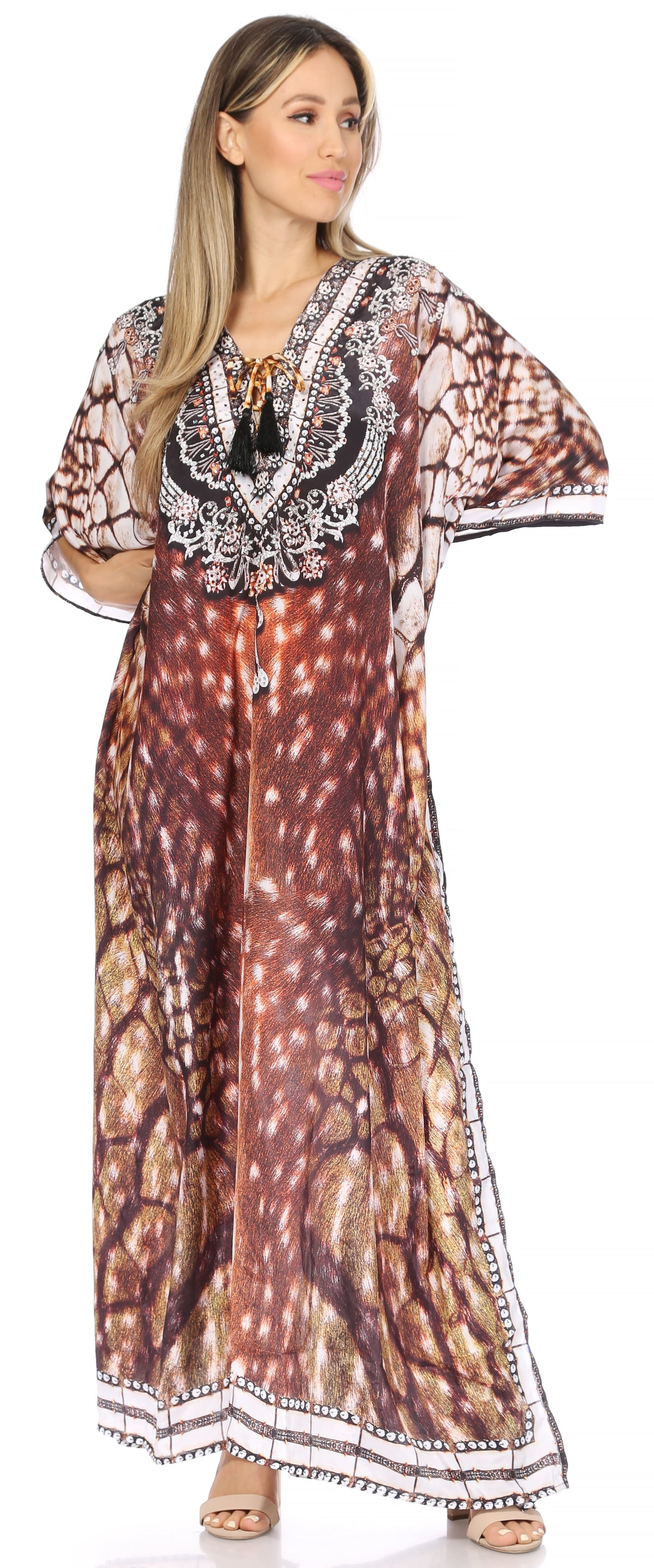 Sakkas Georgettina Flowy Rhinestone V Neck Long Caftan Dress/Cover Up - Concordia Style Boutique