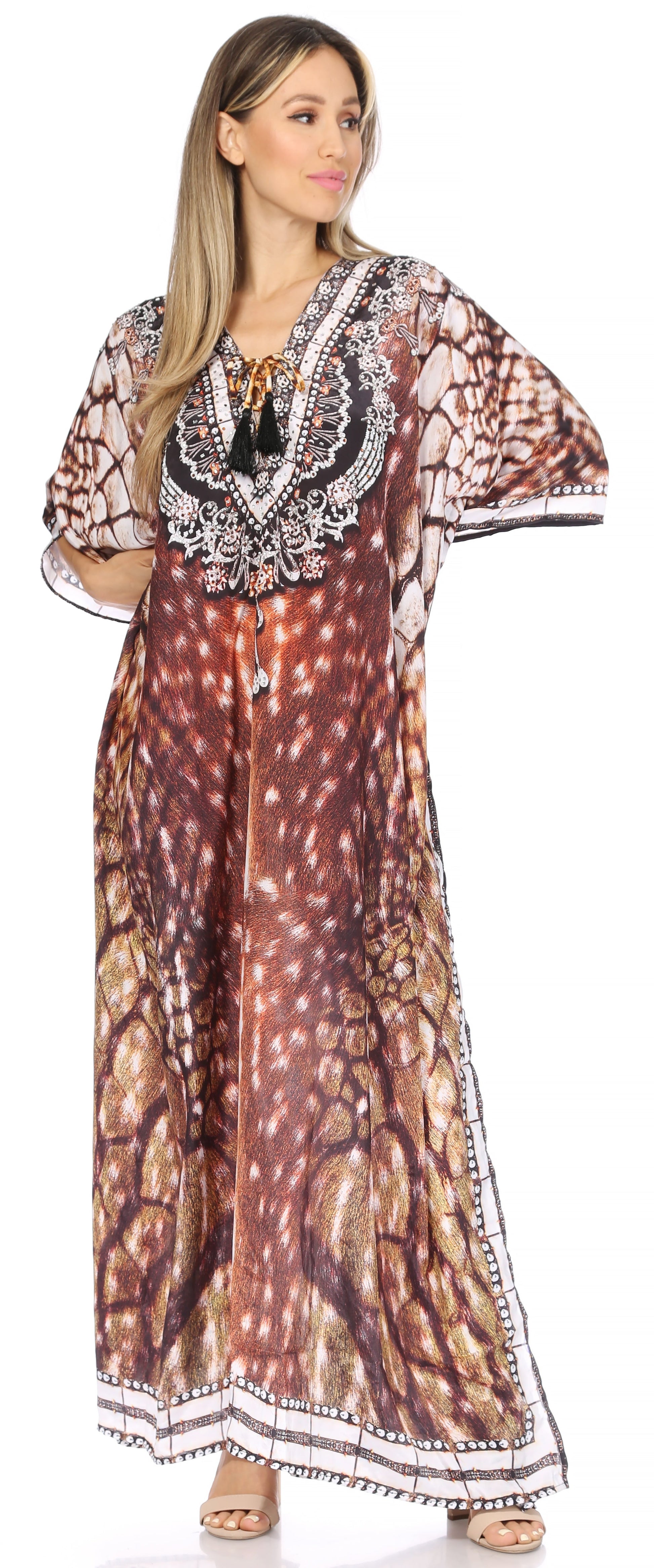 Sakkas Georgettina Flowy Rhinestone V Neck Long Caftan Dress/Cover Up - Concordia Style Boutique