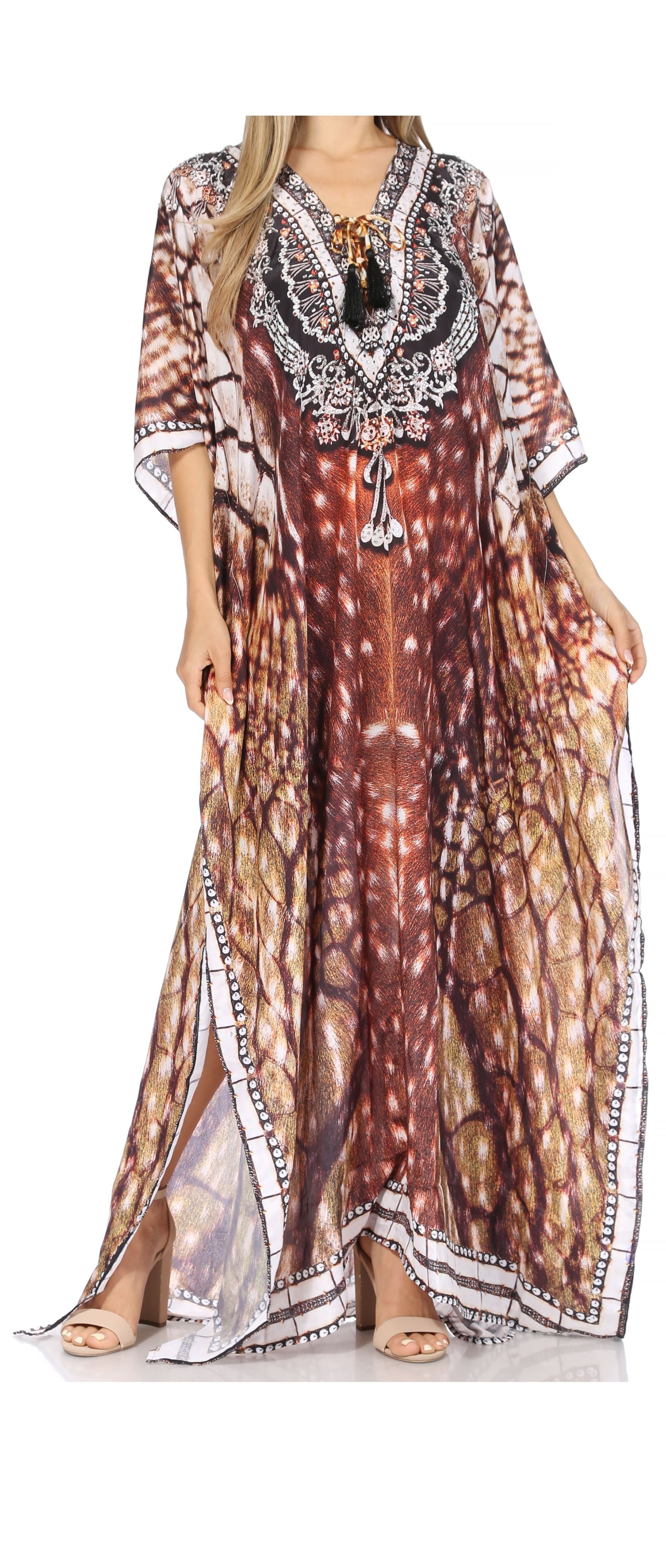 Sakkas Georgettina Flowy Rhinestone V Neck Long Caftan Dress/Cover Up - Concordia Style Boutique