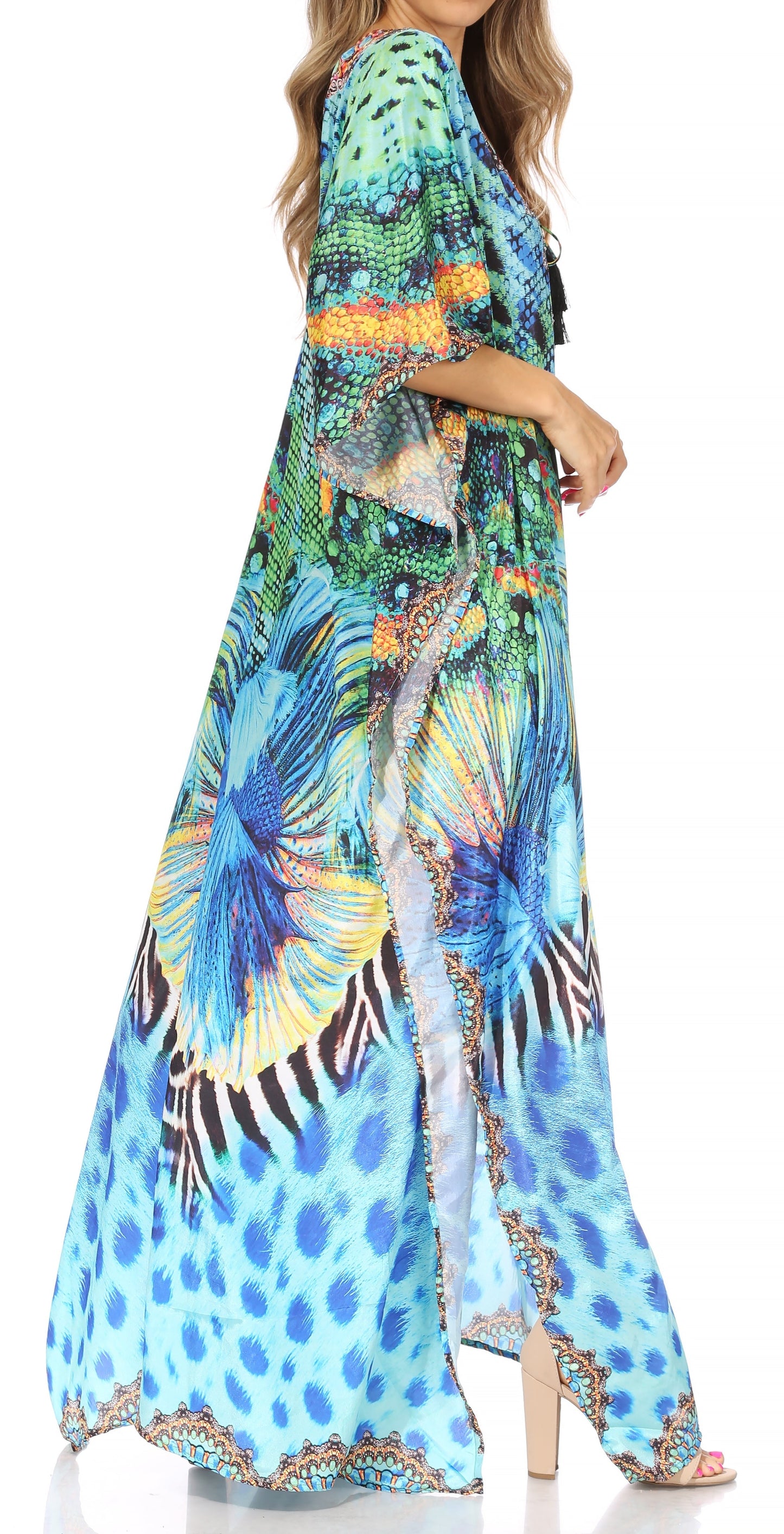 Sakkas Georgettina Flowy Rhinestone V Neck Long Caftan Dress/Cover Up - Concordia Style Boutique