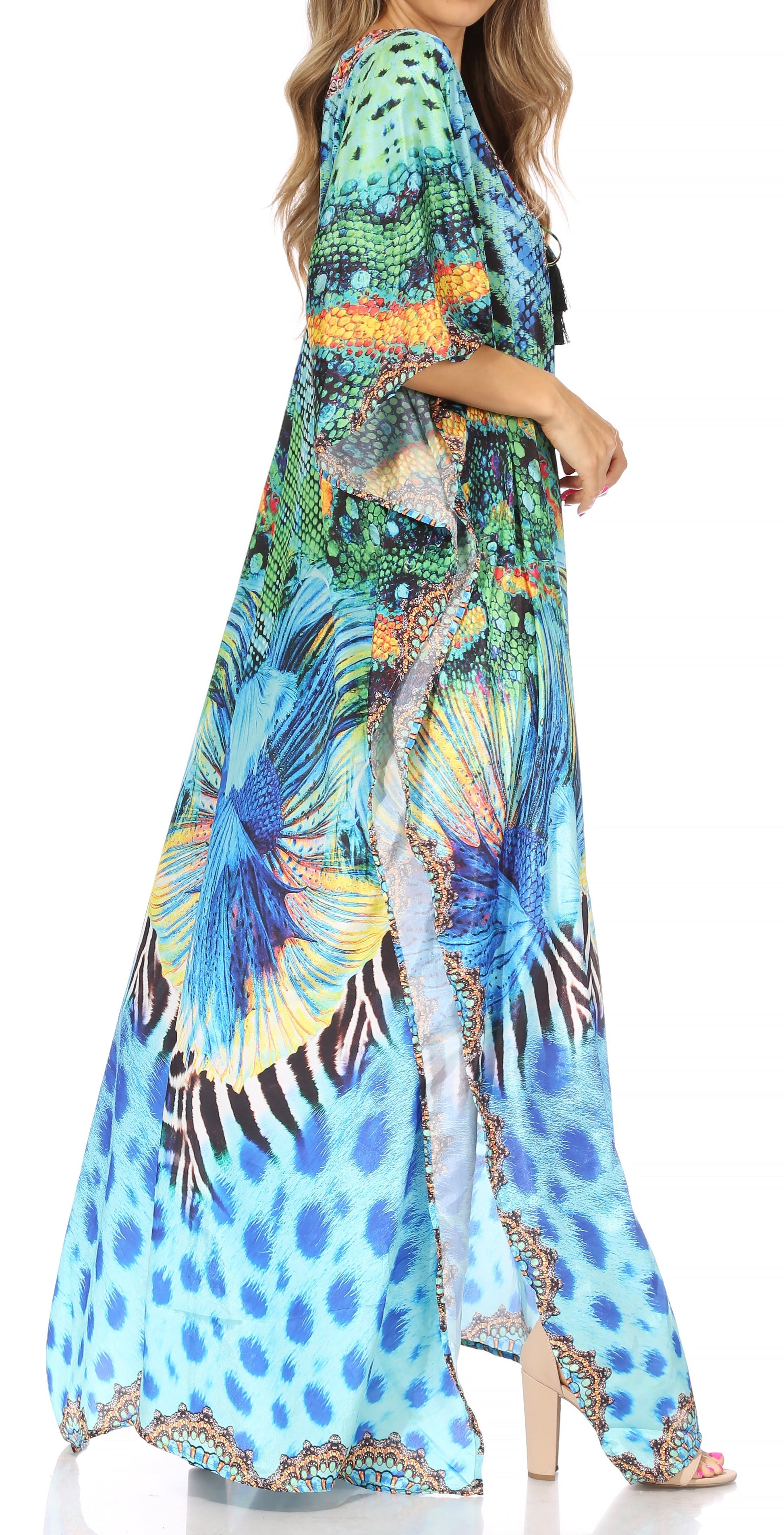 Sakkas Georgettina Flowy Rhinestone V Neck Long Caftan Dress/Cover Up - Concordia Style Boutique