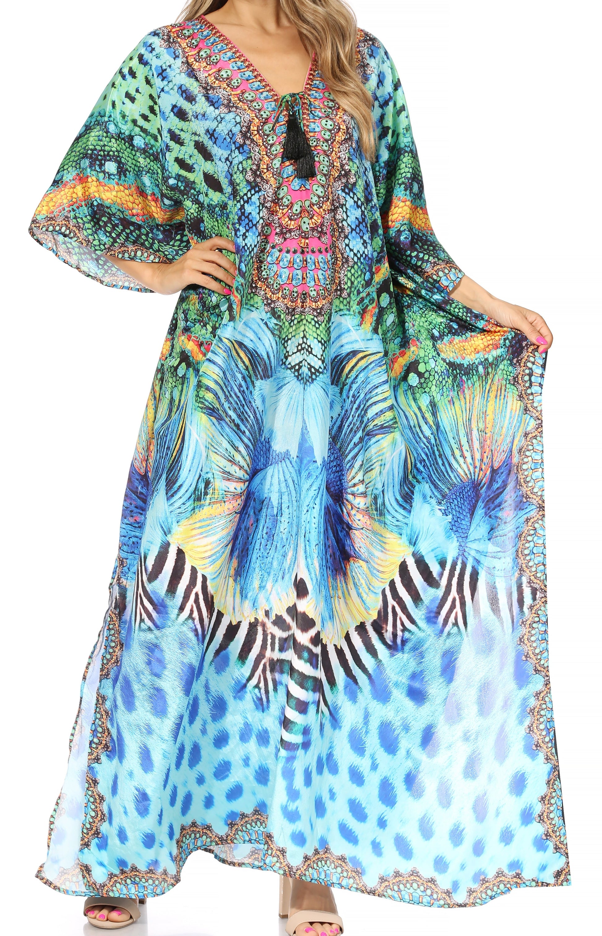 Sakkas Georgettina Flowy Rhinestone V Neck Long Caftan Dress/Cover Up - Concordia Style Boutique