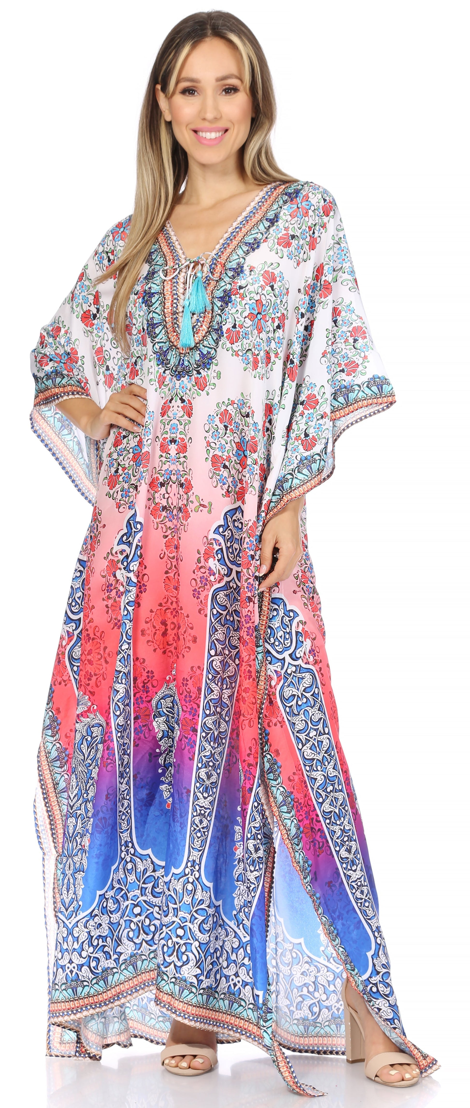 Sakkas Georgettina Flowy Rhinestone V Neck Long Caftan Dress/Cover Up - Concordia Style Boutique
