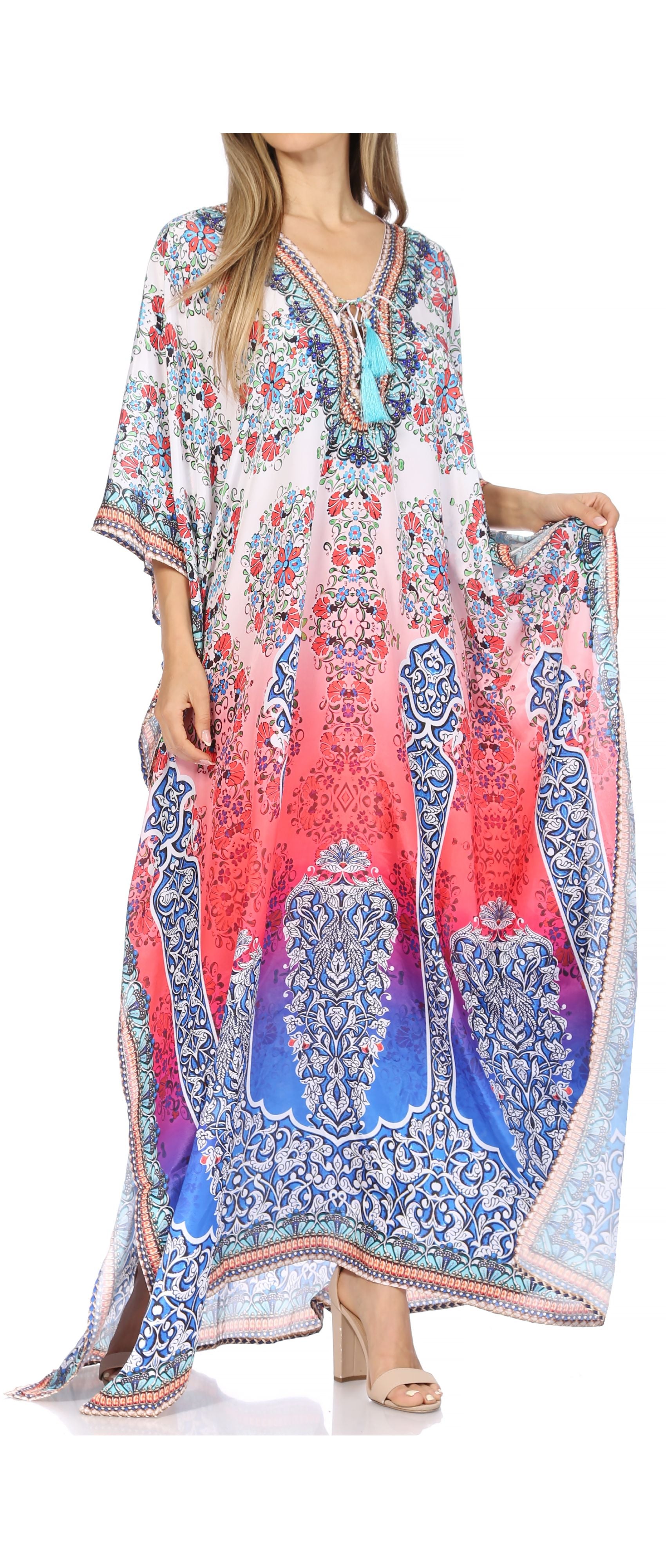 Sakkas Georgettina Flowy Rhinestone V Neck Long Caftan Dress/Cover Up - Concordia Style Boutique