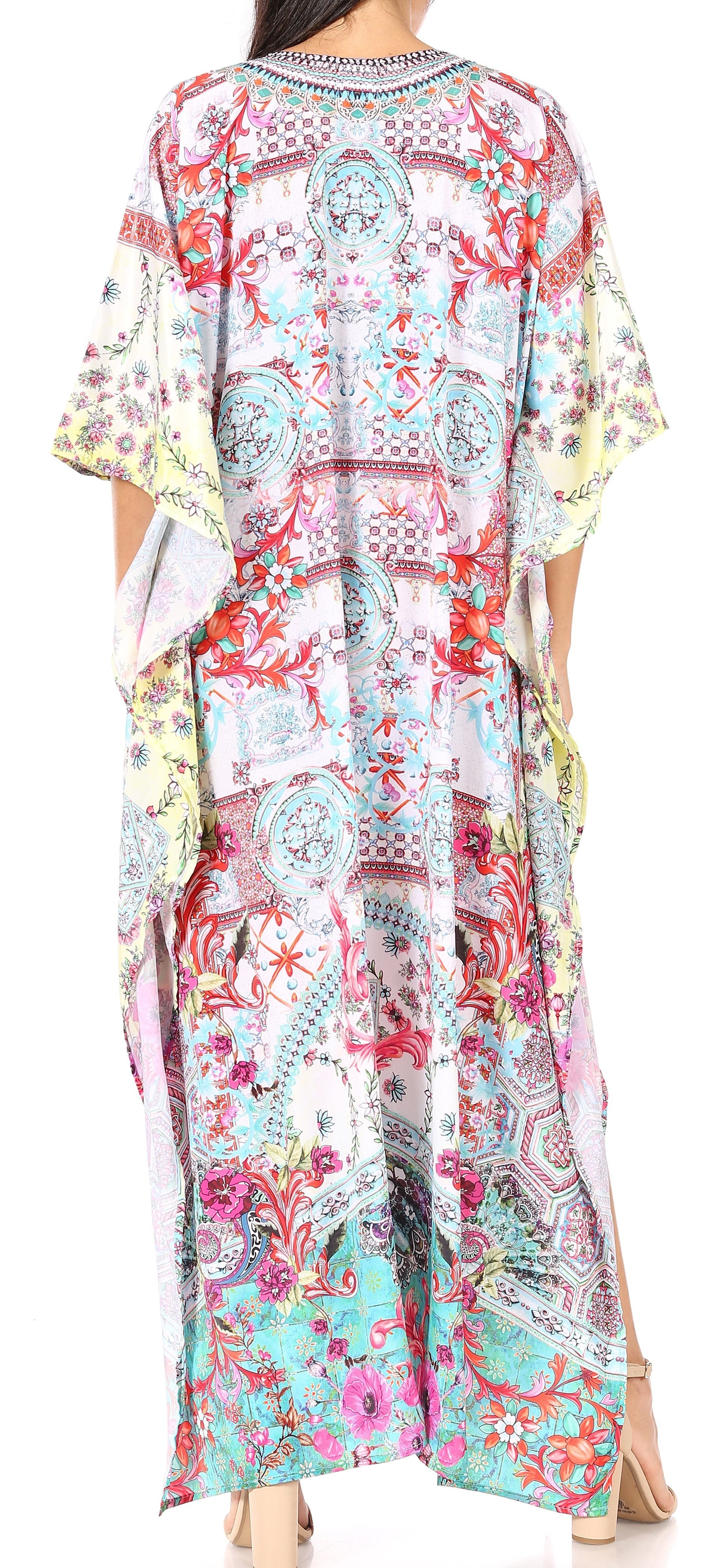 Sakkas Georgettina Flowy Rhinestone V Neck Long Caftan Dress/Cover Up - Concordia Style Boutique