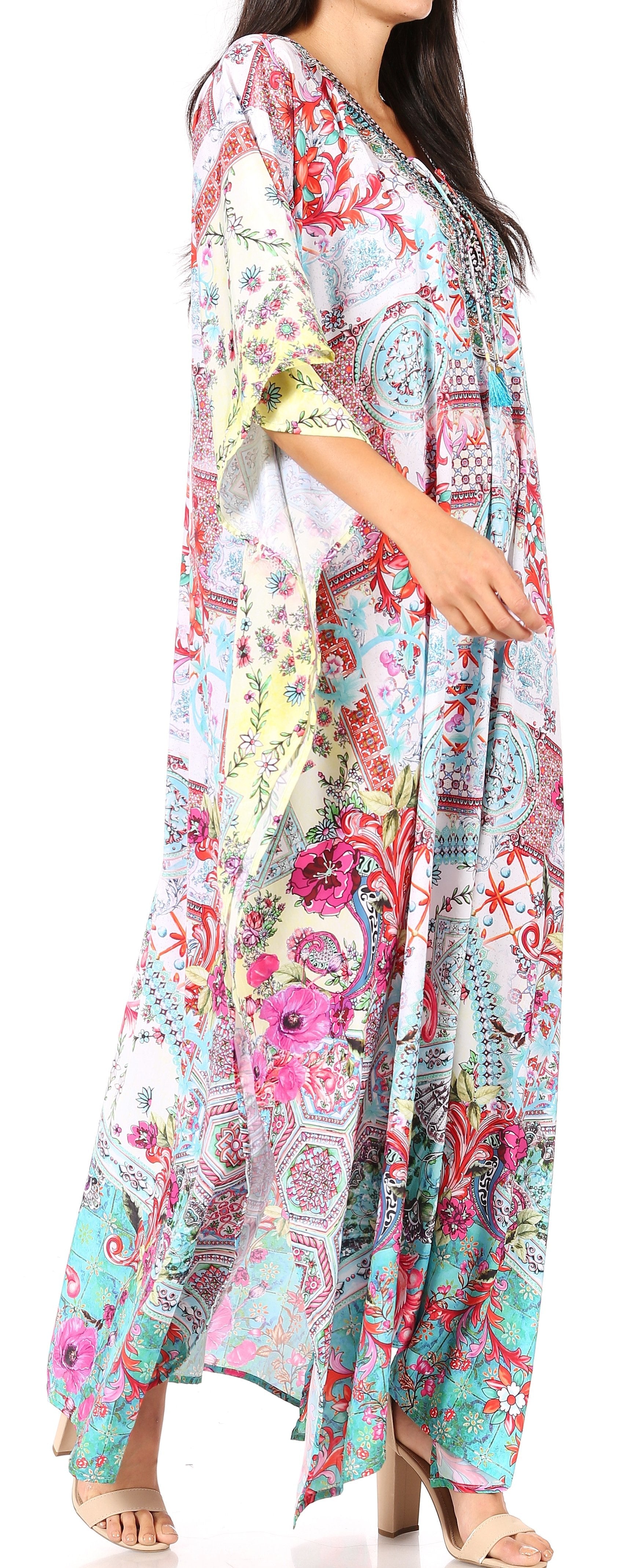 Sakkas Georgettina Flowy Rhinestone V Neck Long Caftan Dress/Cover Up - Concordia Style Boutique