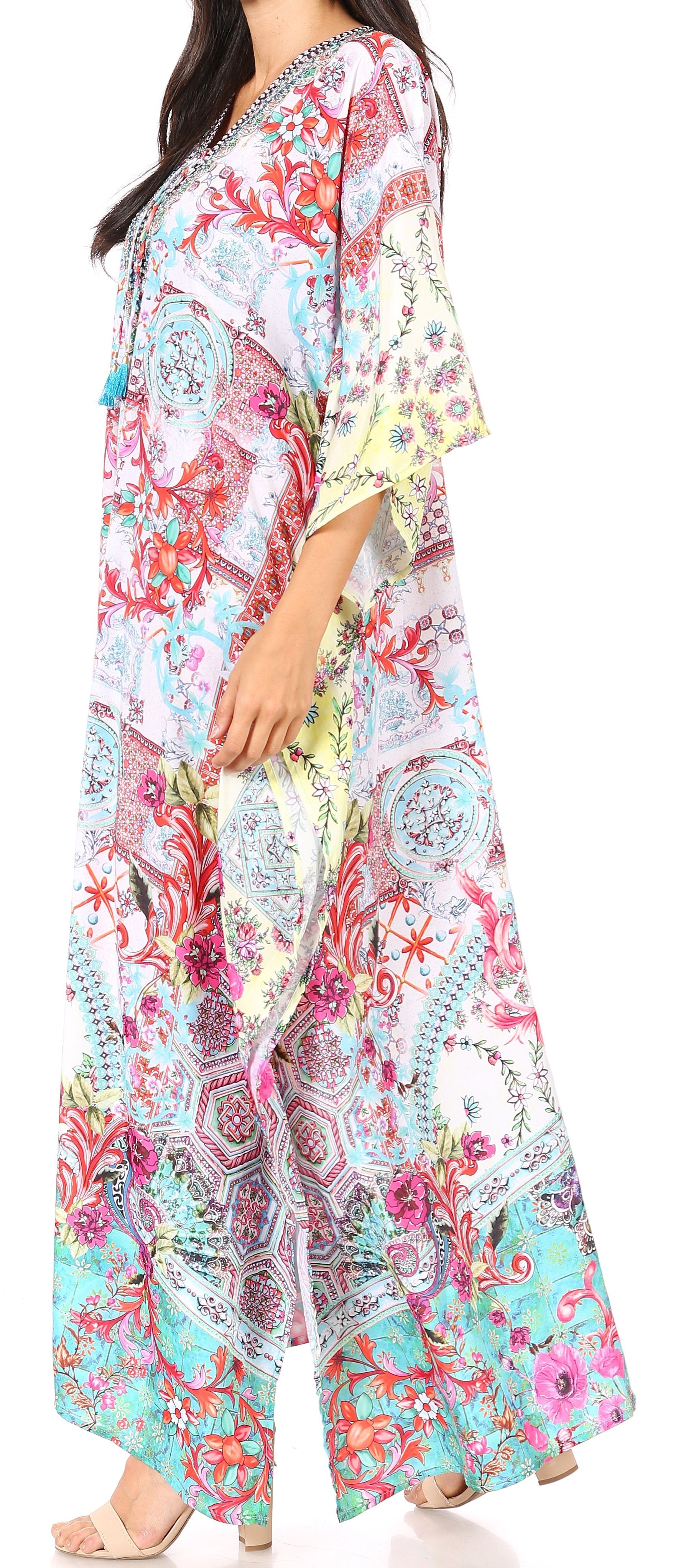 Sakkas Georgettina Flowy Rhinestone V Neck Long Caftan Dress/Cover Up - Concordia Style Boutique