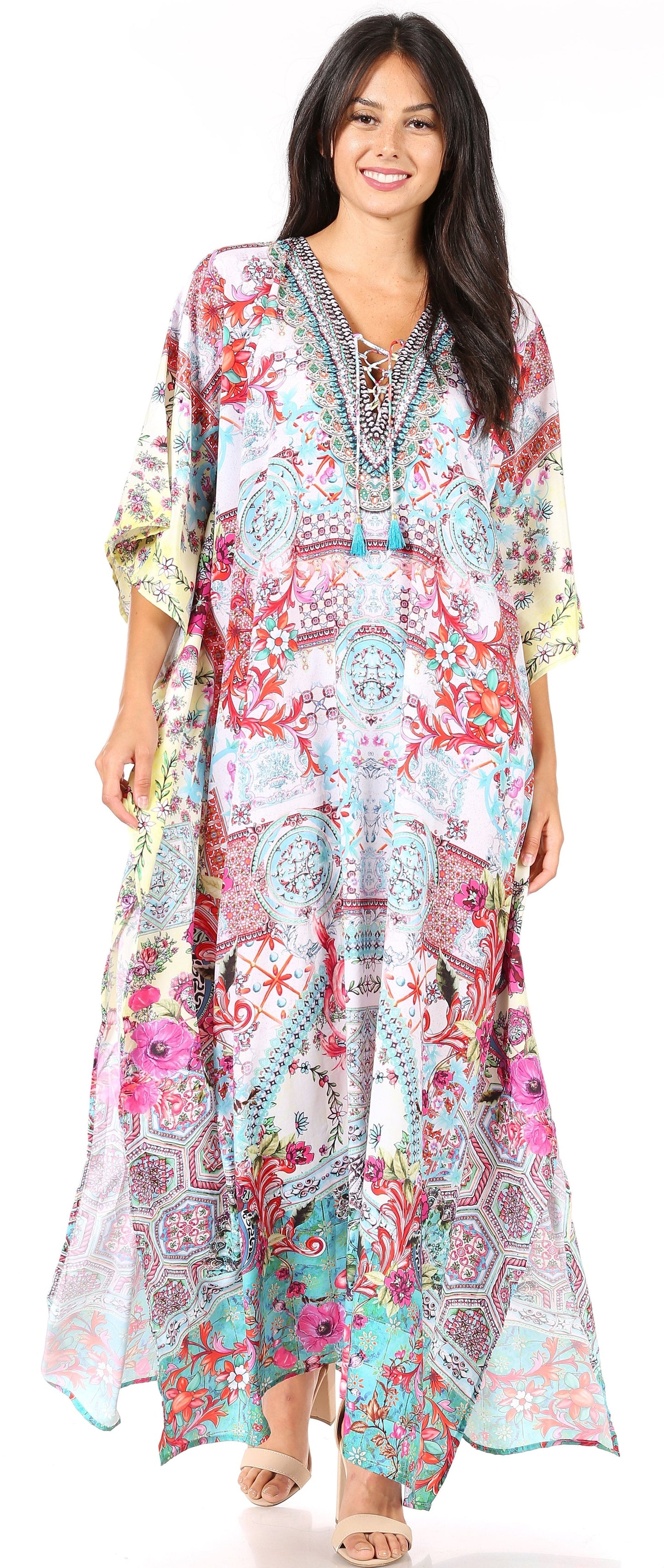 Sakkas Georgettina Flowy Rhinestone V Neck Long Caftan Dress/Cover Up - Concordia Style Boutique