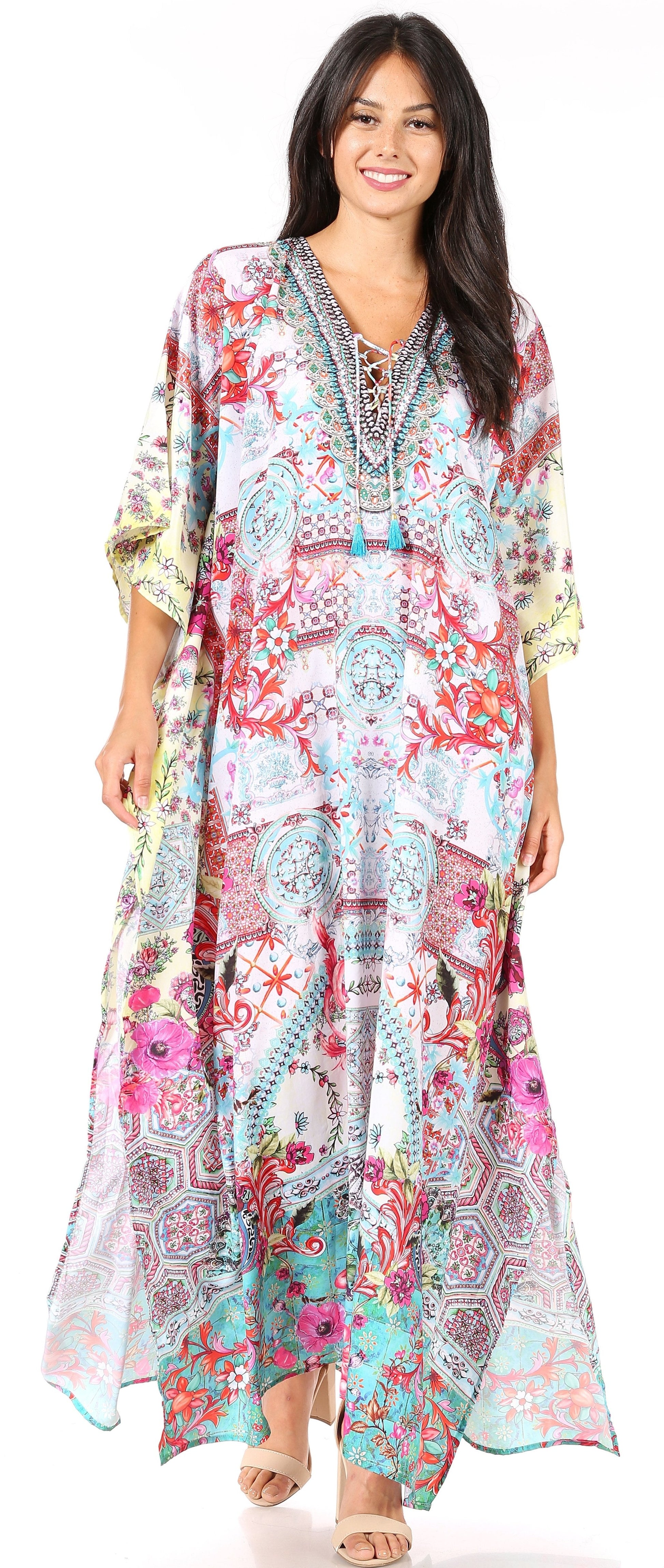 Sakkas Georgettina Flowy Rhinestone V Neck Long Caftan Dress/Cover Up - Concordia Style Boutique