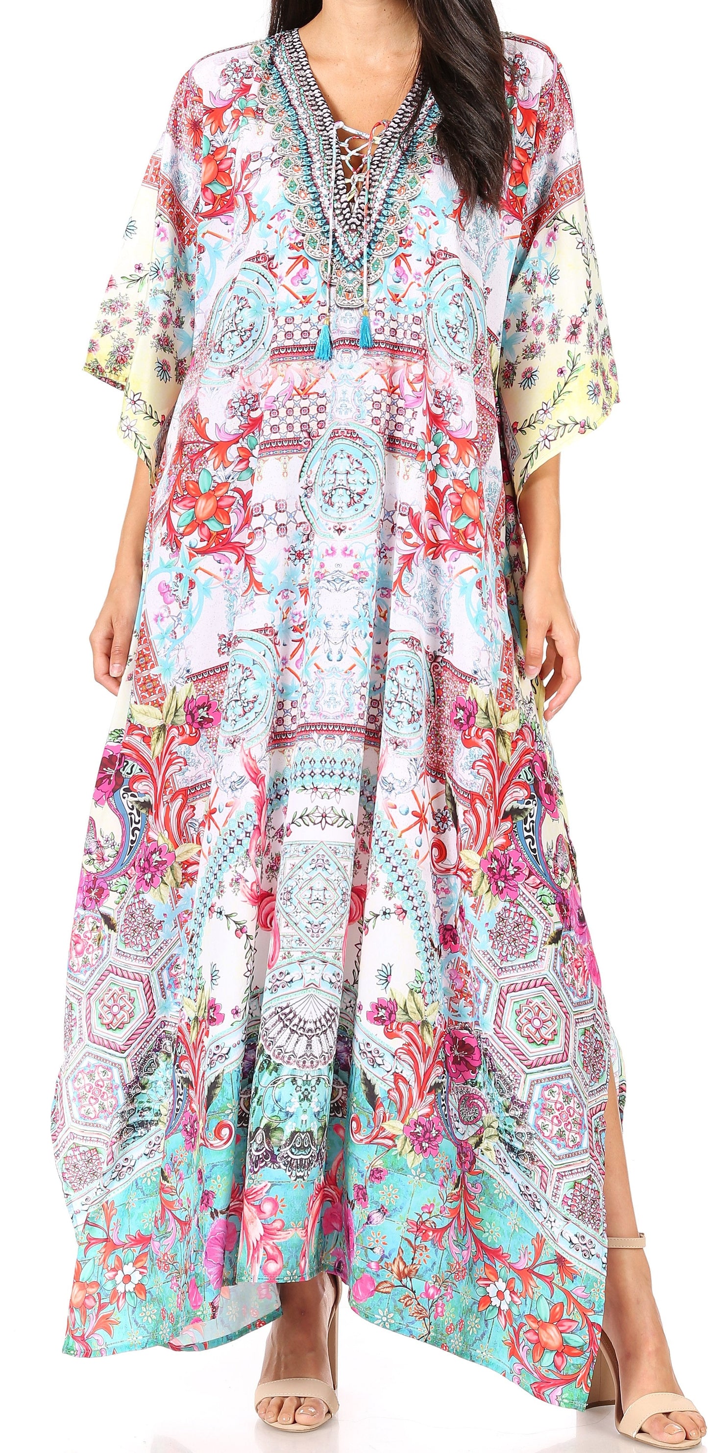 Sakkas Georgettina Flowy Rhinestone V Neck Long Caftan Dress/Cover Up - Concordia Style Boutique