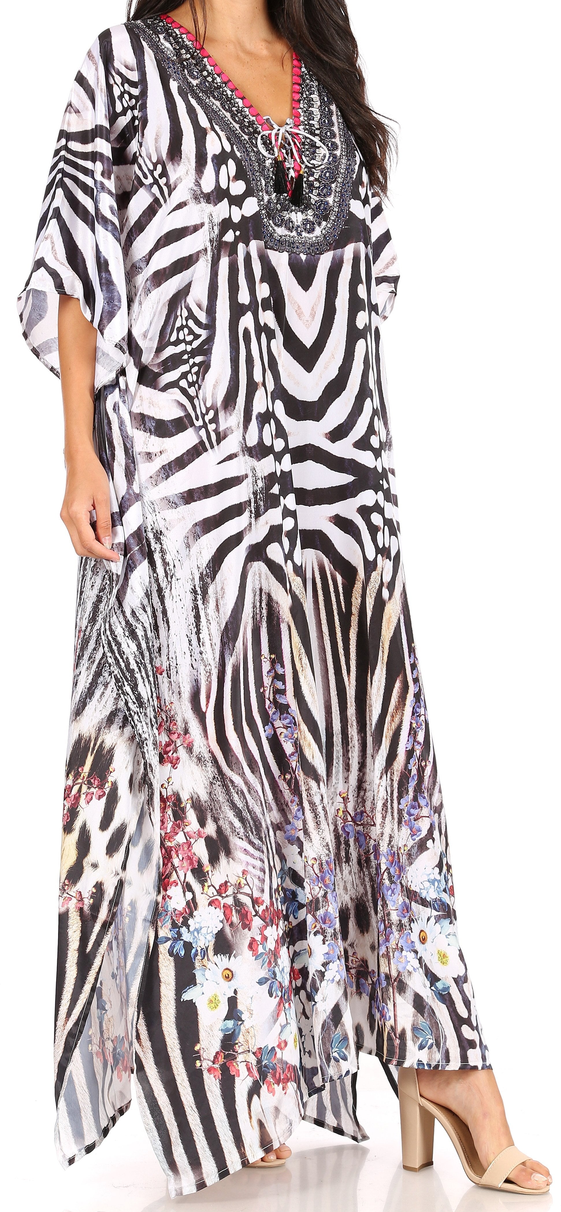 Sakkas Georgettina Flowy Rhinestone V Neck Long Caftan Dress/Cover Up - Concordia Style Boutique