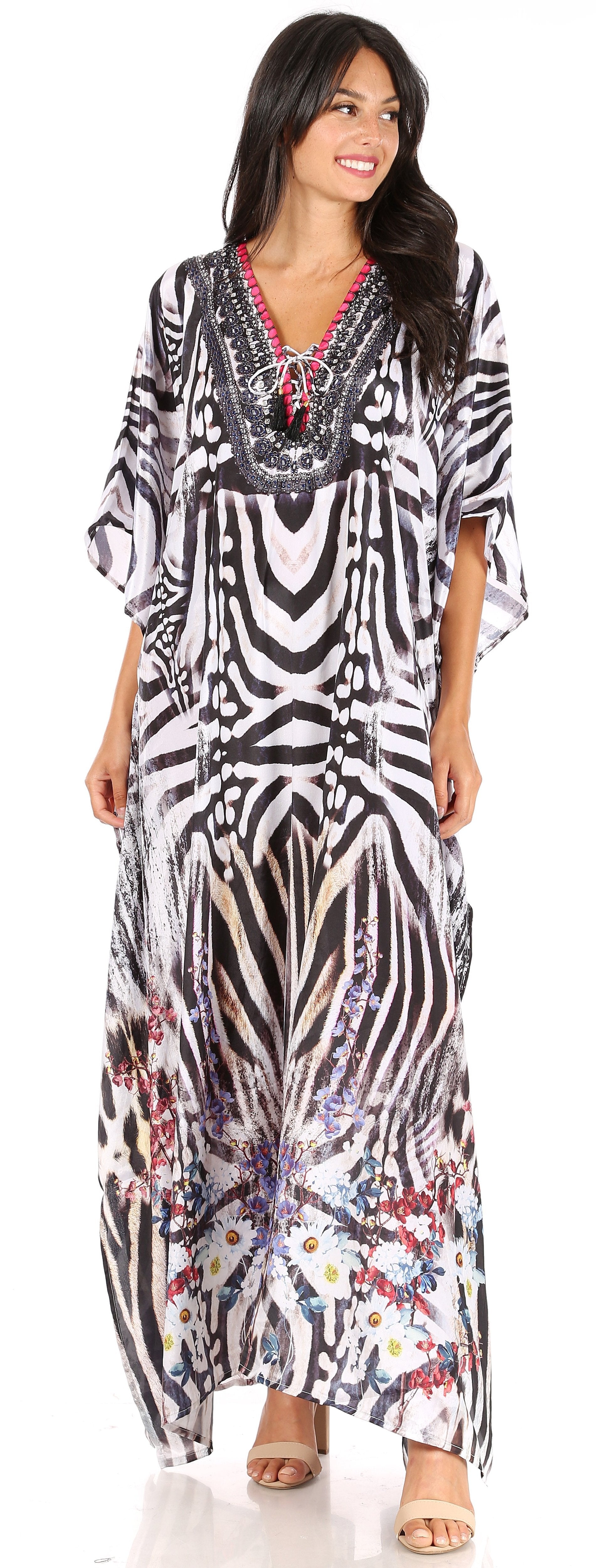 Sakkas Georgettina Flowy Rhinestone V Neck Long Caftan Dress/Cover Up - Concordia Style Boutique