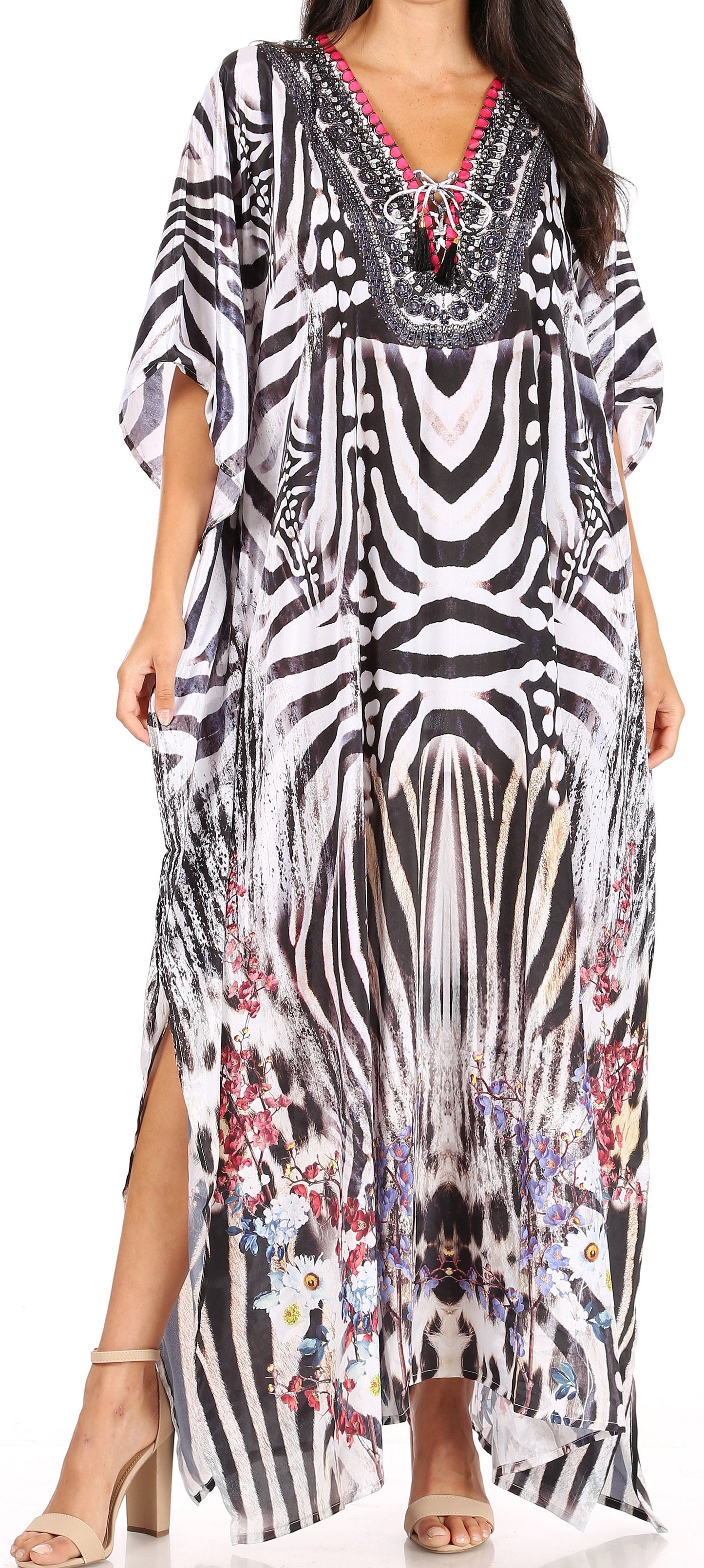 Sakkas Georgettina Flowy Rhinestone V Neck Long Caftan Dress/Cover Up - Concordia Style Boutique