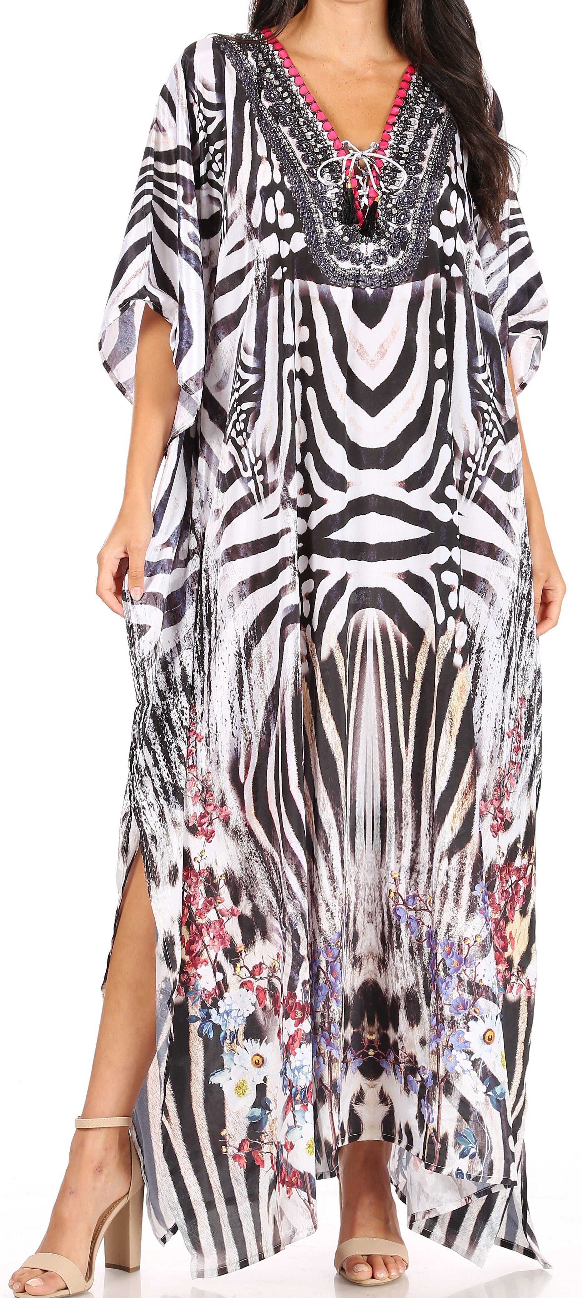 Sakkas Georgettina Flowy Rhinestone V Neck Long Caftan Dress/Cover Up - Concordia Style Boutique