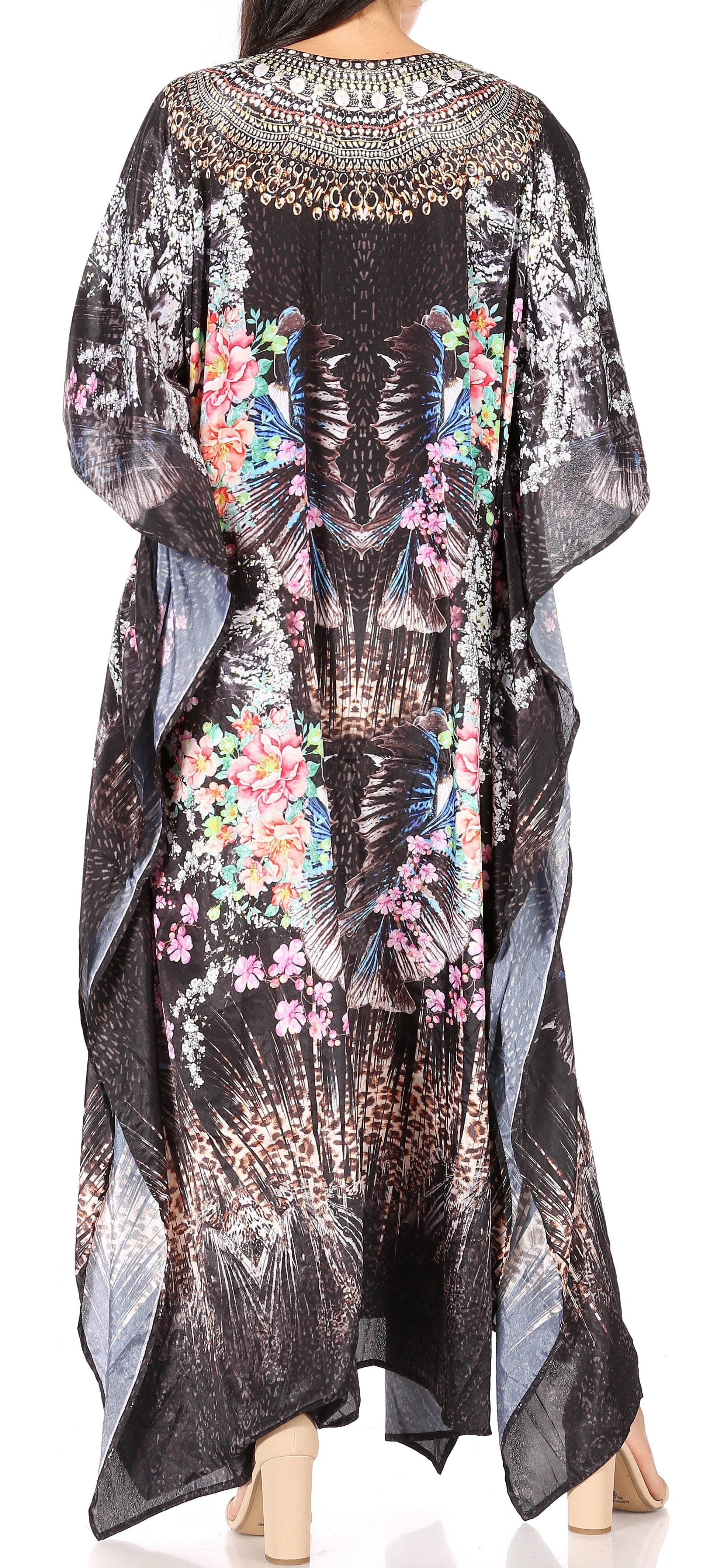 Sakkas Georgettina Flowy Rhinestone V Neck Long Caftan Dress/Cover Up - Concordia Style Boutique
