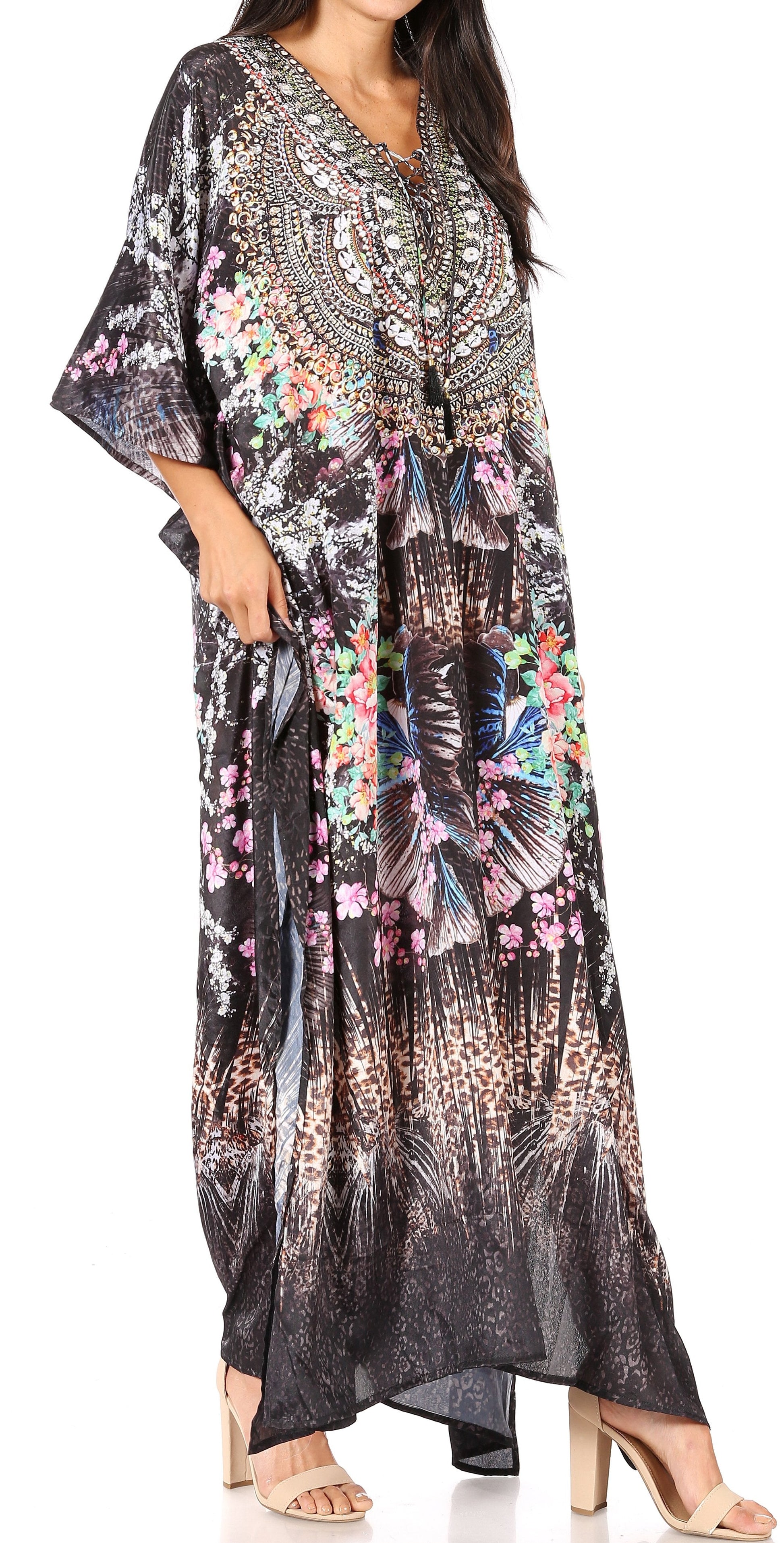 Sakkas Georgettina Flowy Rhinestone V Neck Long Caftan Dress/Cover Up - Concordia Style Boutique