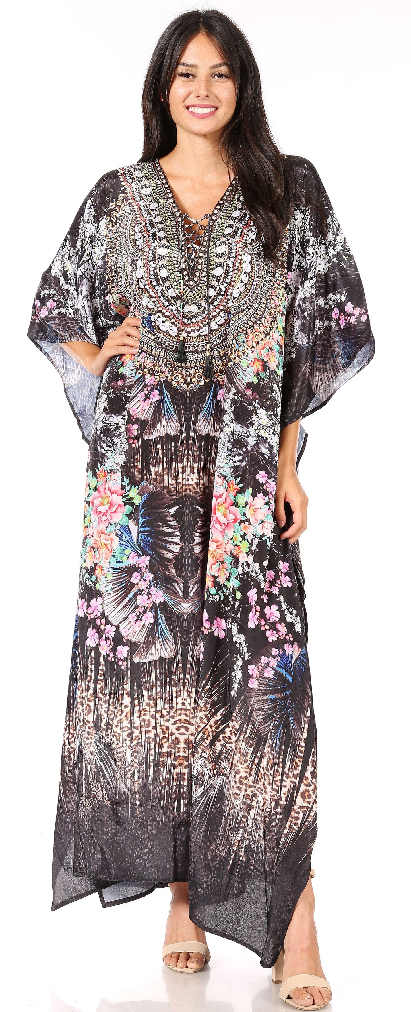 Sakkas Georgettina Flowy Rhinestone V Neck Long Caftan Dress/Cover Up - Concordia Style Boutique
