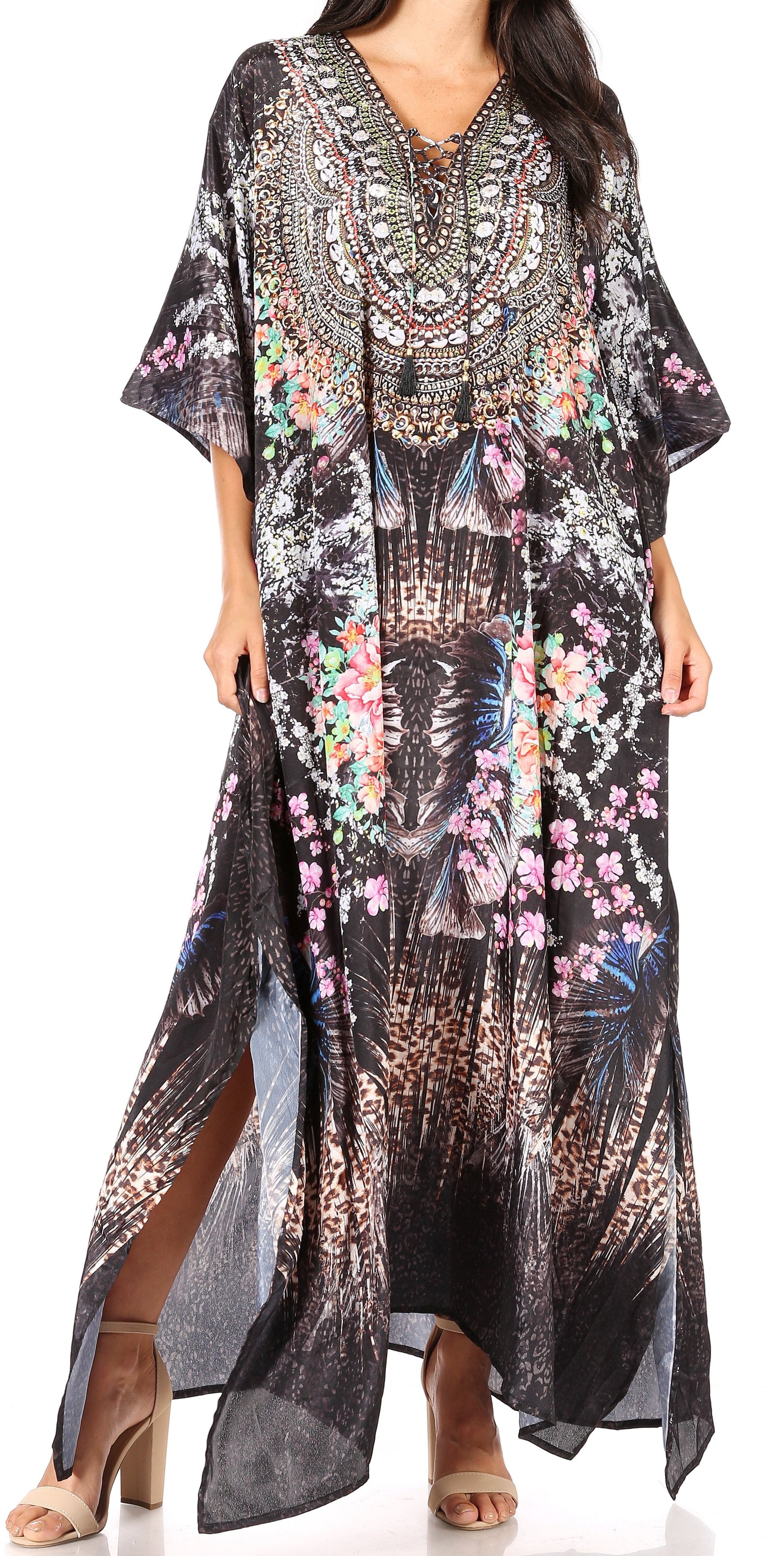 Sakkas Georgettina Flowy Rhinestone V Neck Long Caftan Dress/Cover Up - Concordia Style Boutique