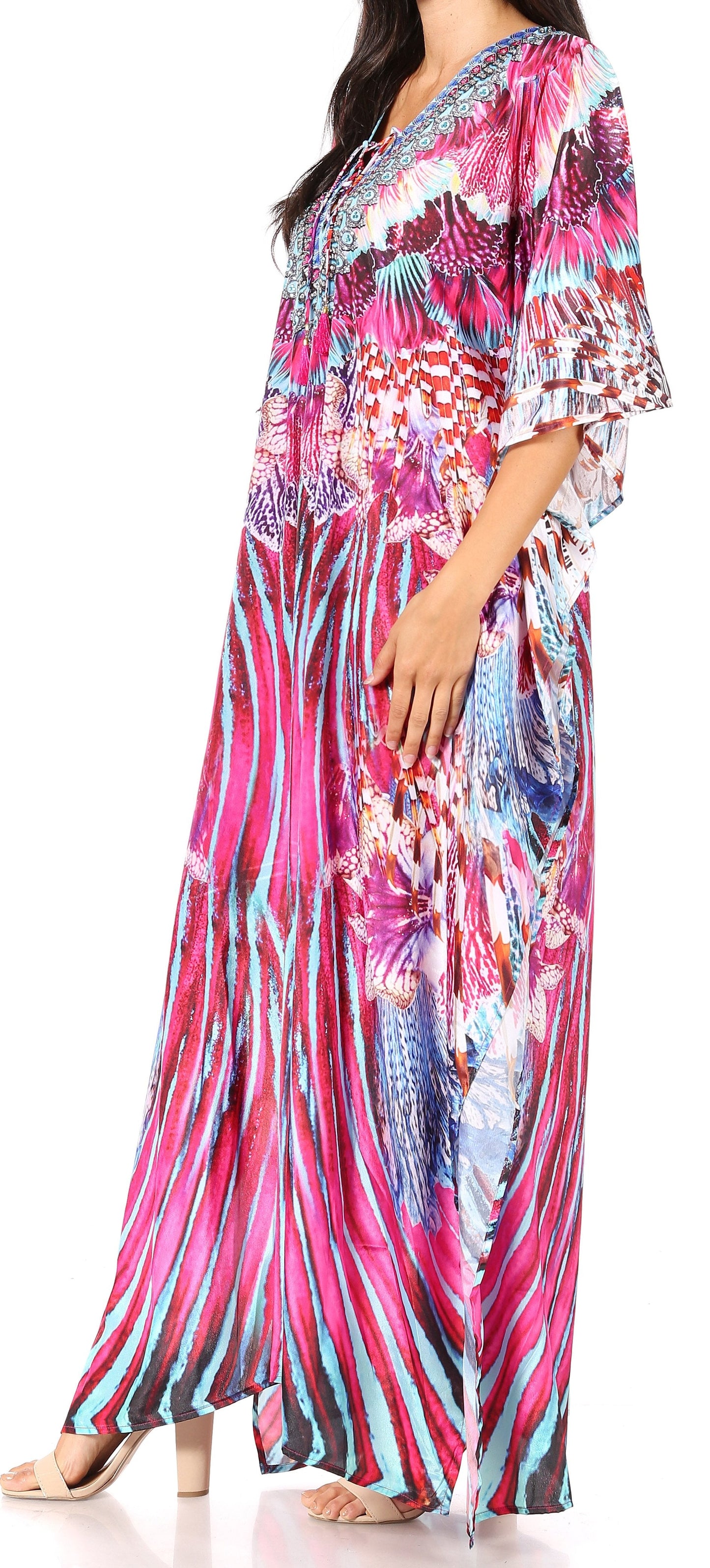 Sakkas Georgettina Flowy Rhinestone V Neck Long Caftan Dress/Cover Up - Concordia Style Boutique