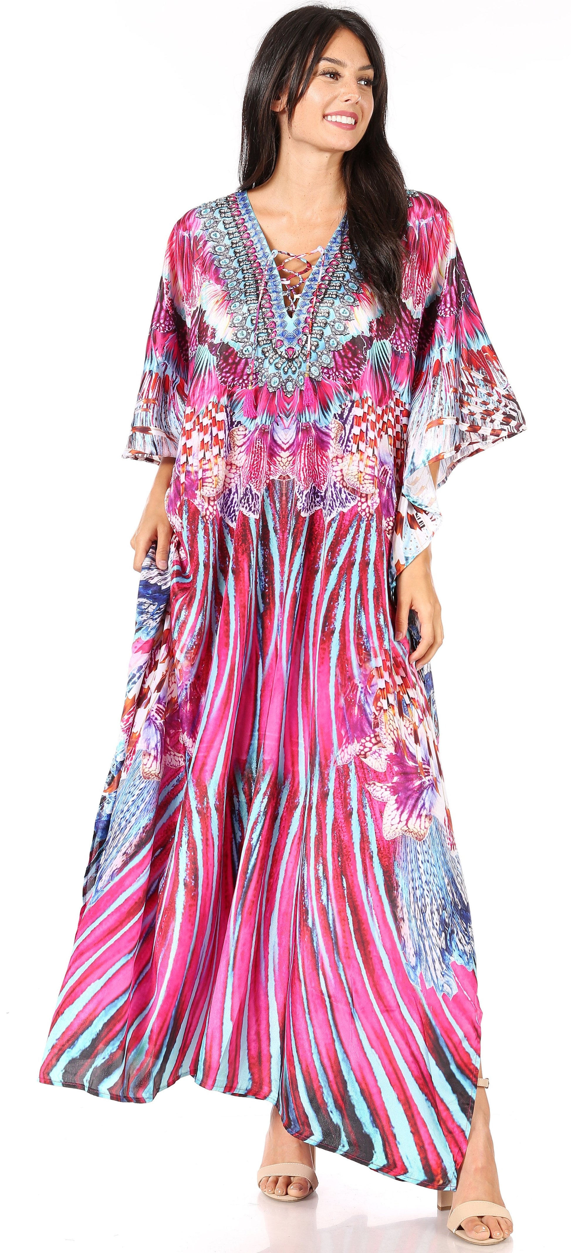 Sakkas Georgettina Flowy Rhinestone V Neck Long Caftan Dress/Cover Up - Concordia Style Boutique