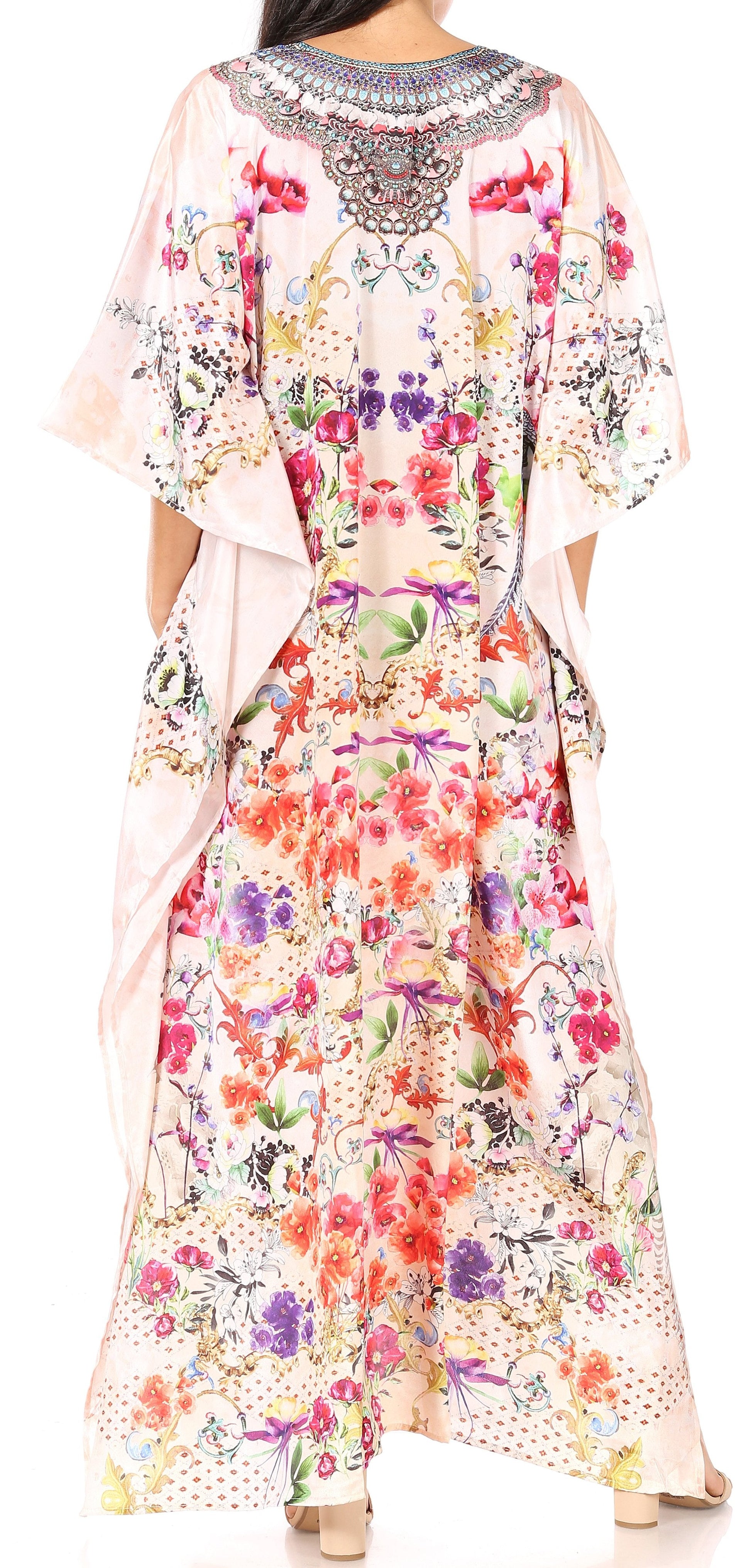 Sakkas Georgettina Flowy Rhinestone V Neck Long Caftan Dress/Cover Up - Concordia Style Boutique