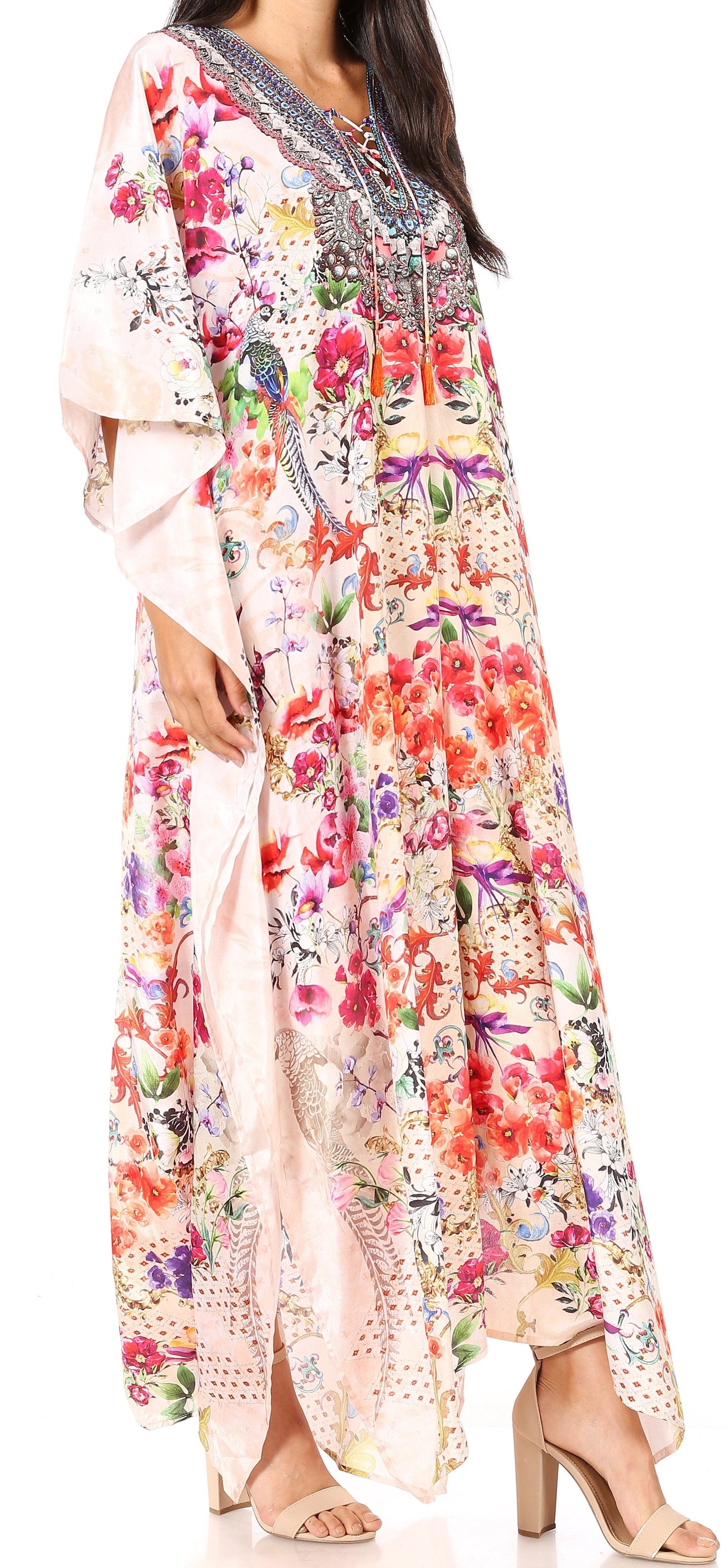 Sakkas Georgettina Flowy Rhinestone V Neck Long Caftan Dress/Cover Up - Concordia Style Boutique