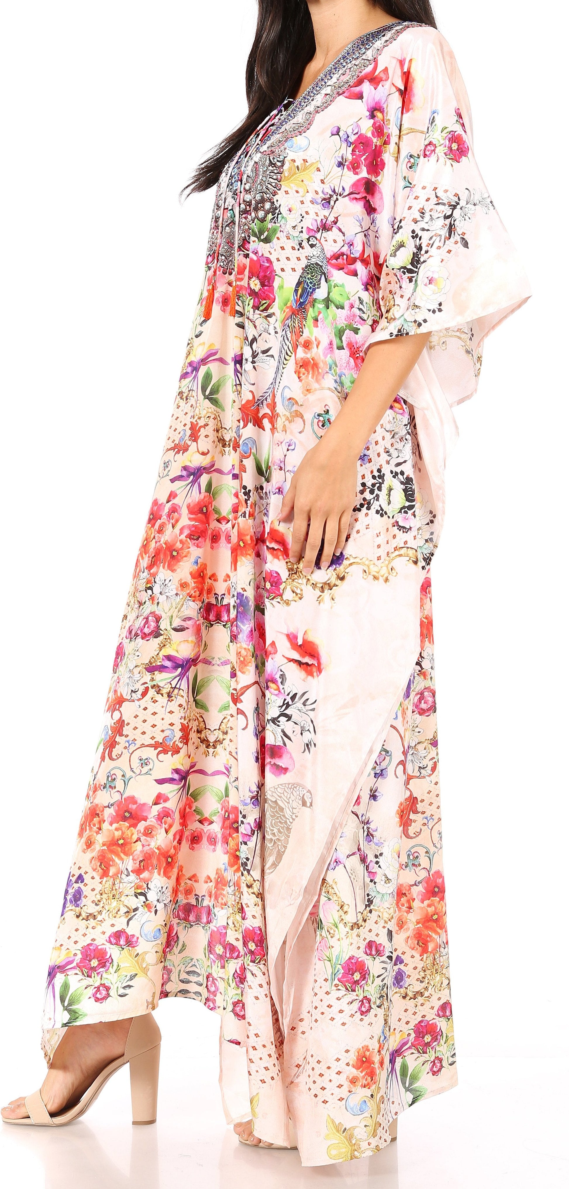 Sakkas Georgettina Flowy Rhinestone V Neck Long Caftan Dress/Cover Up - Concordia Style Boutique
