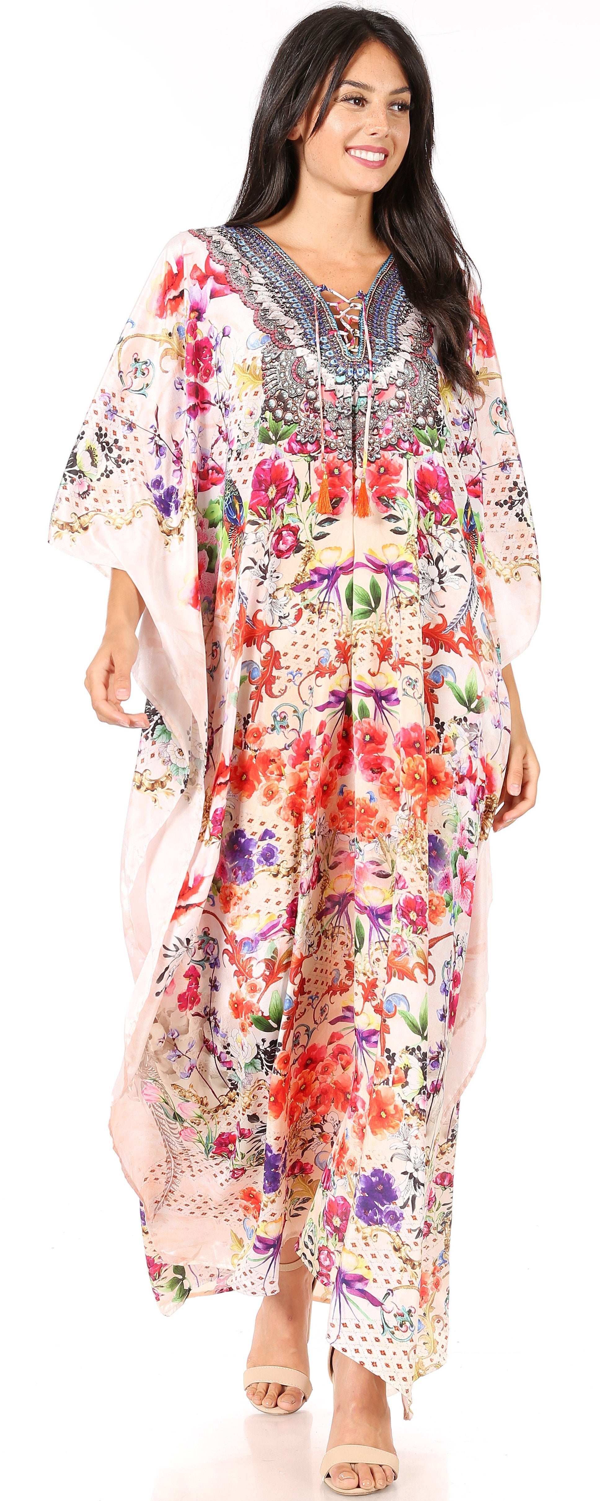 Sakkas Georgettina Flowy Rhinestone V Neck Long Caftan Dress/Cover Up - Concordia Style Boutique