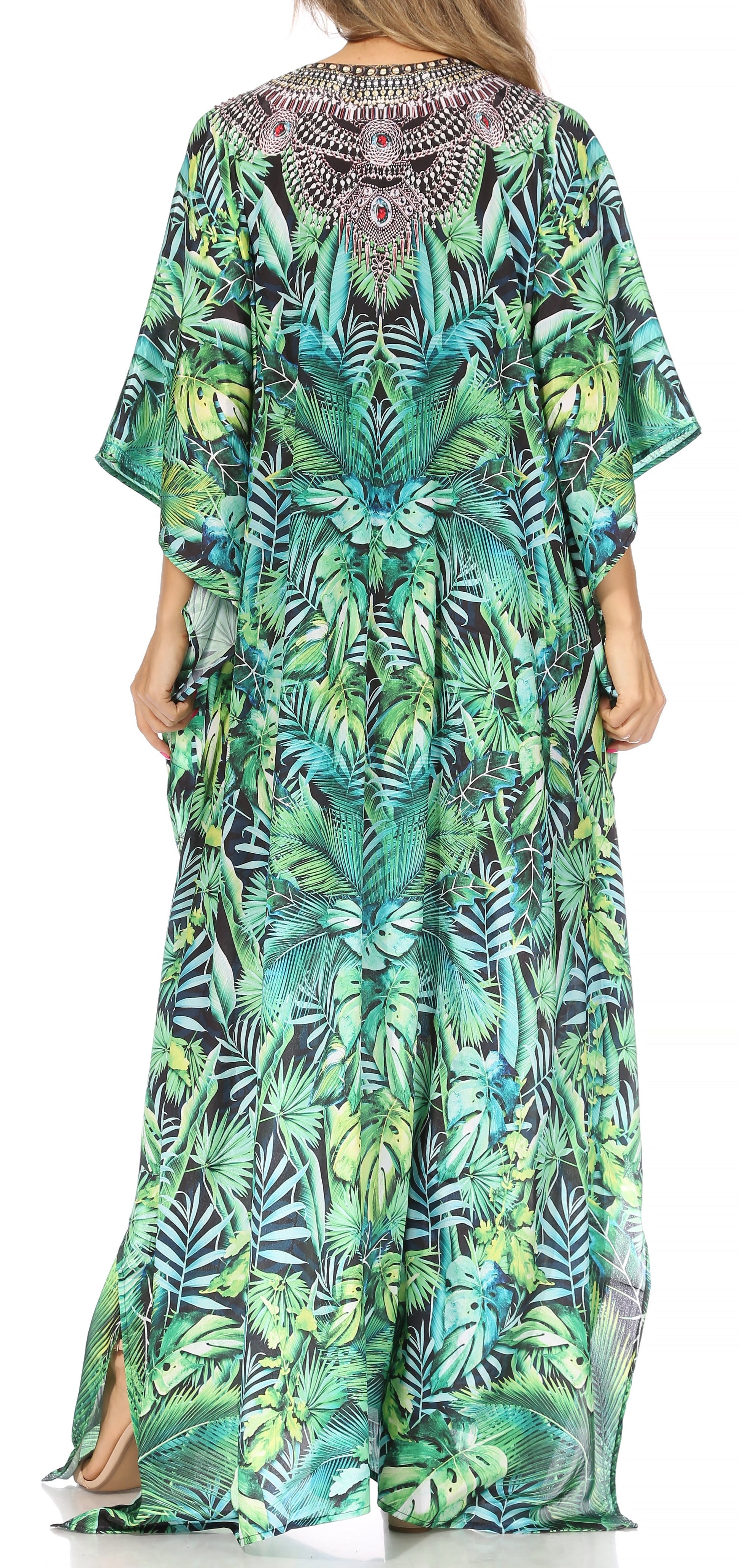 Sakkas Georgettina Flowy Rhinestone V Neck Long Caftan Dress/Cover Up - Concordia Style Boutique