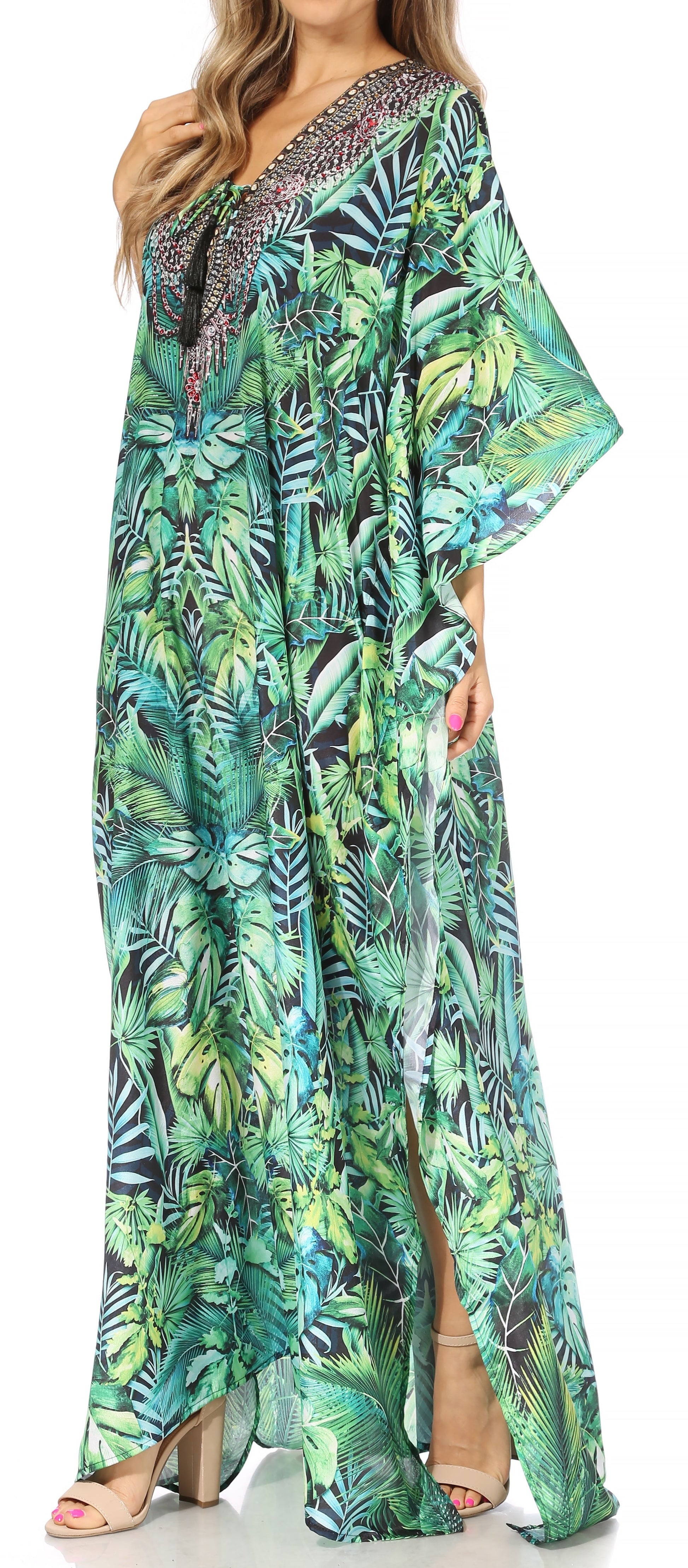 Sakkas Georgettina Flowy Rhinestone V Neck Long Caftan Dress/Cover Up - Concordia Style Boutique