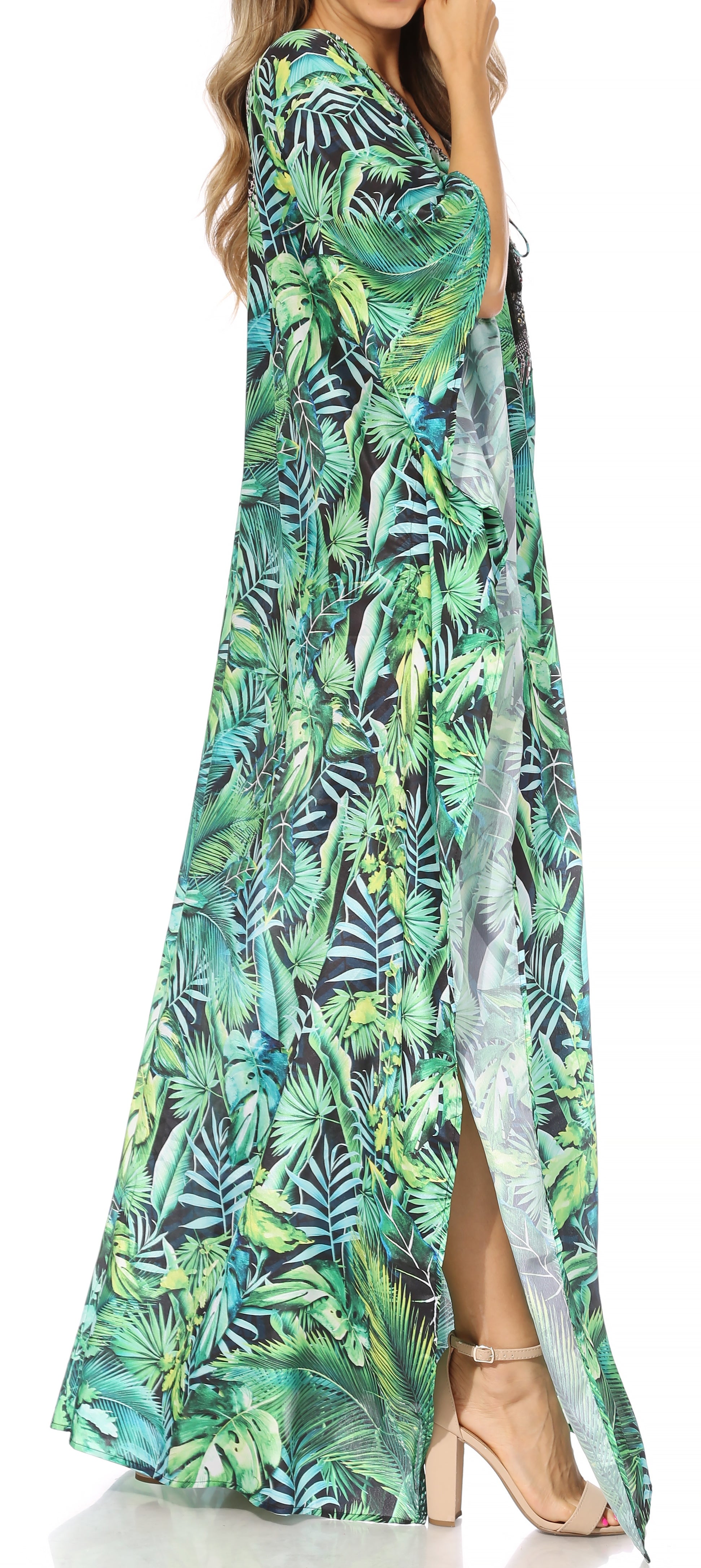 Sakkas Georgettina Flowy Rhinestone V Neck Long Caftan Dress/Cover Up - Concordia Style Boutique