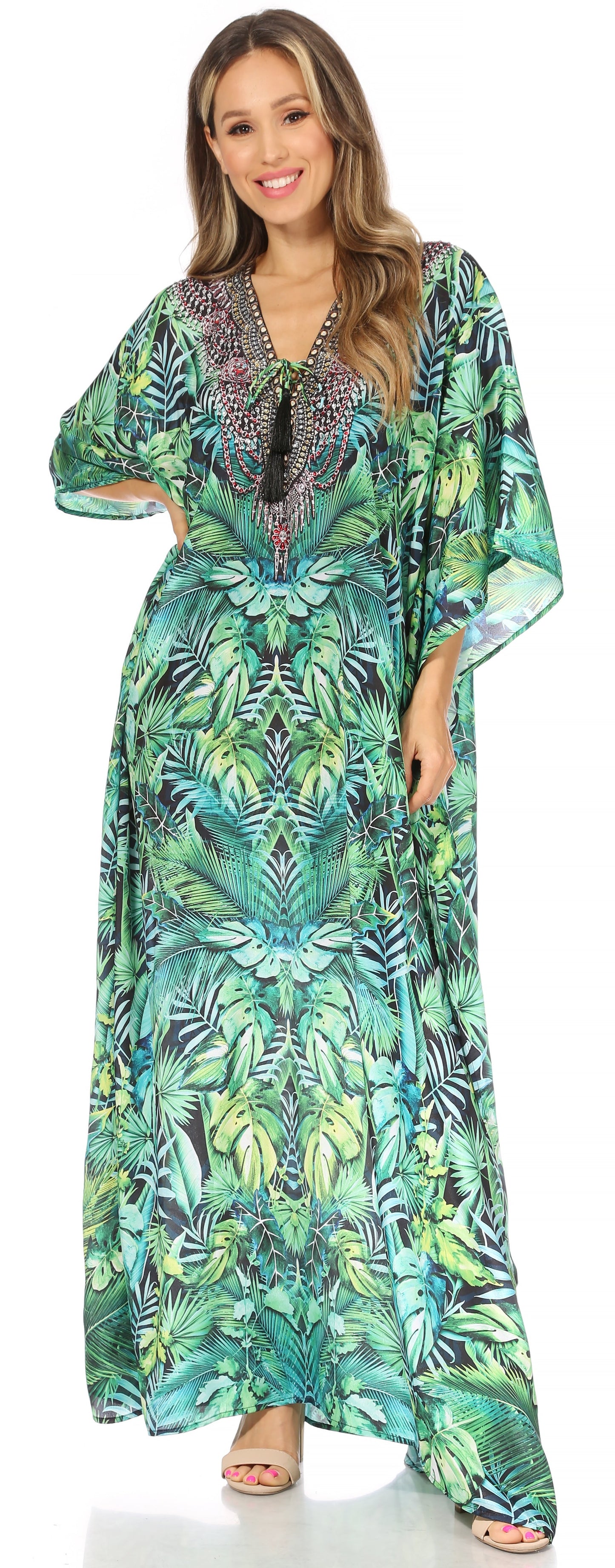 Sakkas Georgettina Flowy Rhinestone V Neck Long Caftan Dress/Cover Up - Concordia Style Boutique