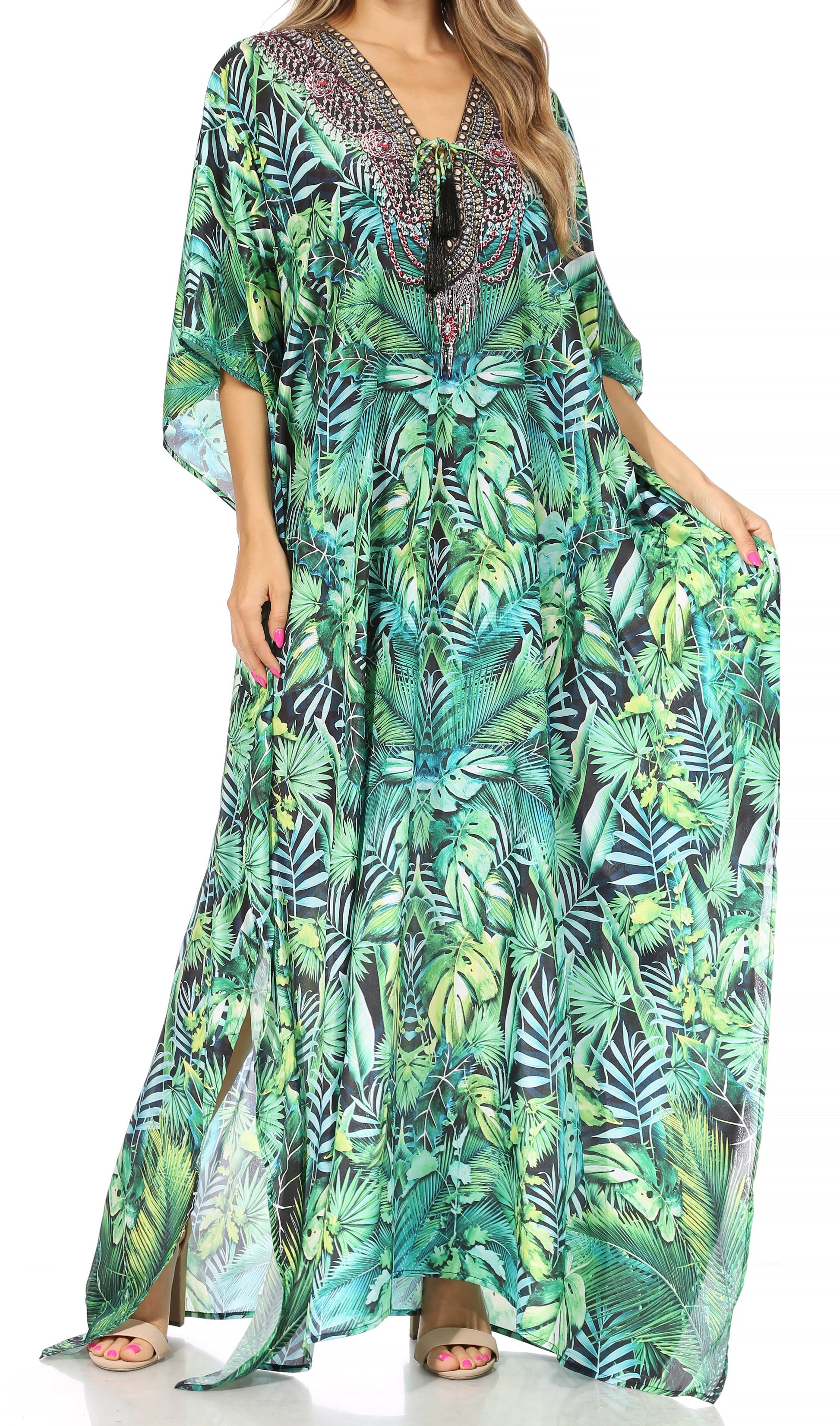 Sakkas Georgettina Flowy Rhinestone V Neck Long Caftan Dress/Cover Up - Concordia Style Boutique