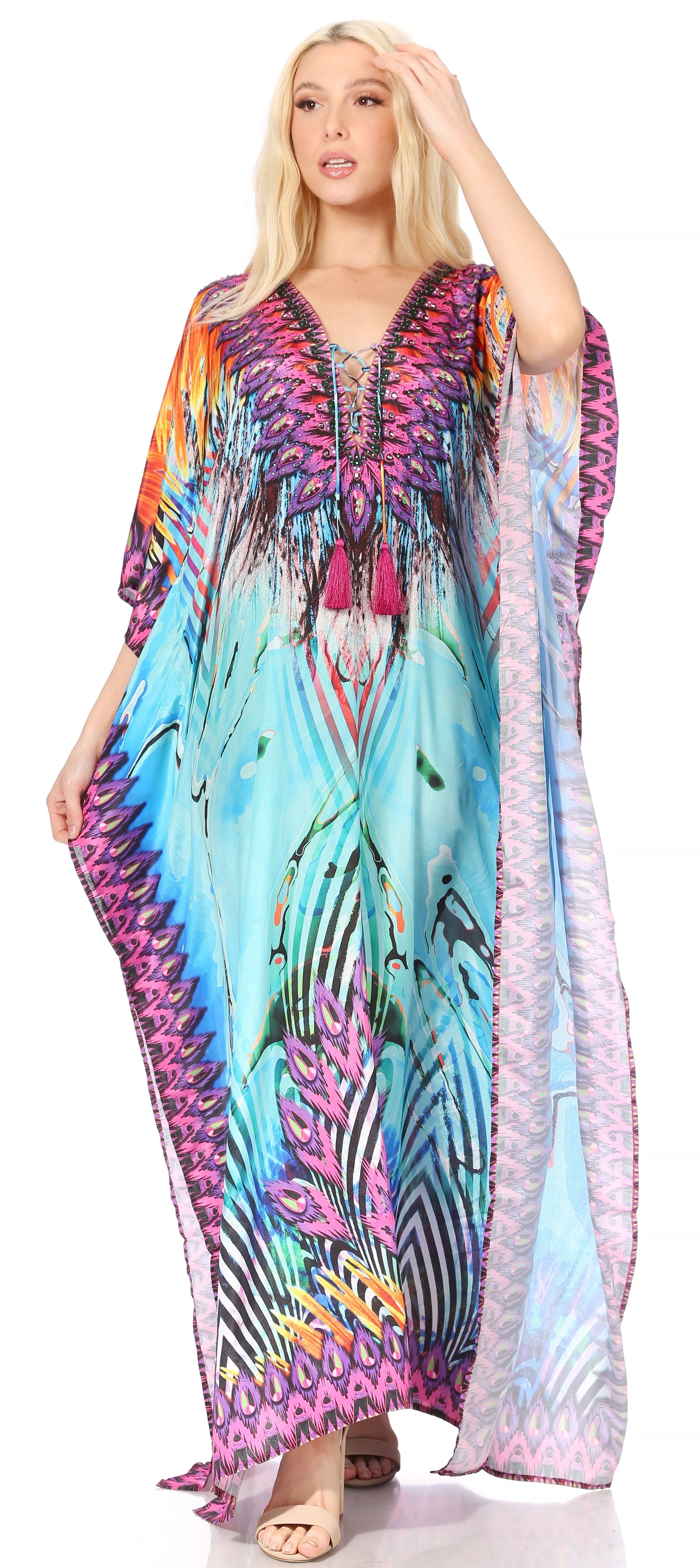 Sakkas Georgettina Flowy Rhinestone V Neck Long Caftan Dress/Cover Up - Concordia Style Boutique