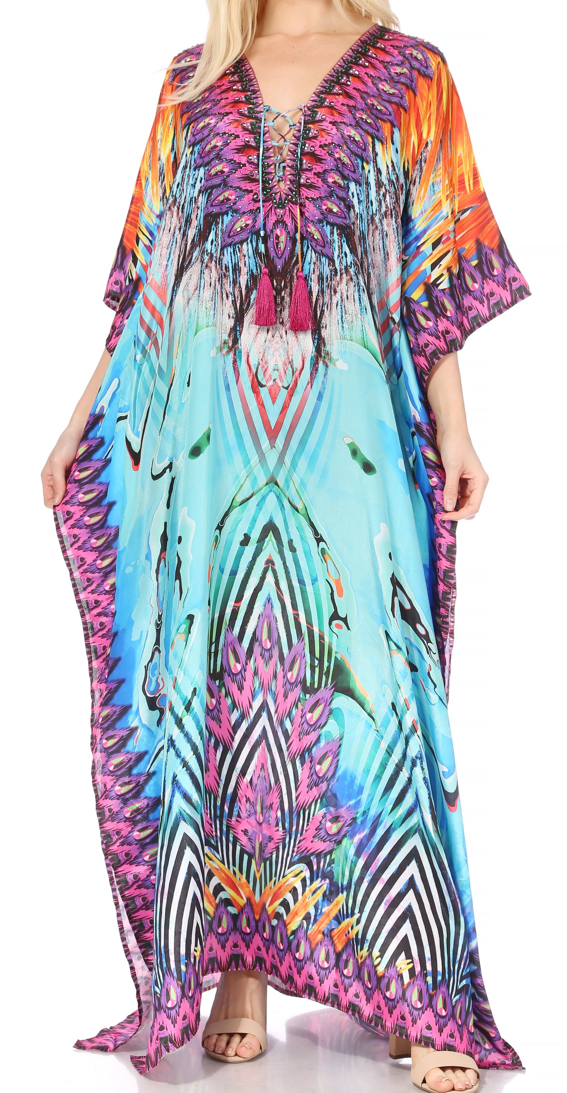 Sakkas Georgettina Flowy Rhinestone V Neck Long Caftan Dress/Cover Up - Concordia Style Boutique