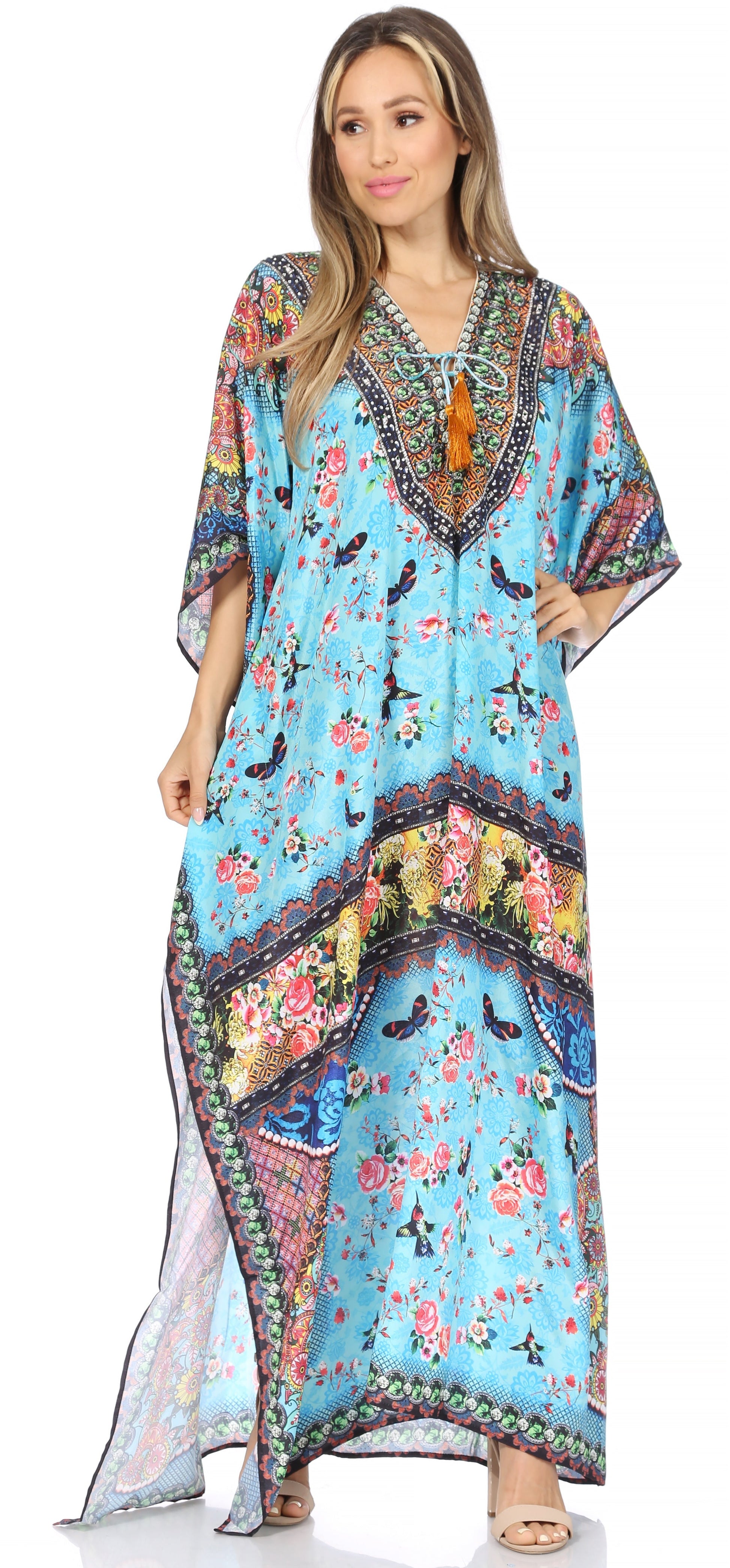 Sakkas Georgettina Flowy Rhinestone V Neck Long Caftan Dress/Cover Up - Concordia Style Boutique