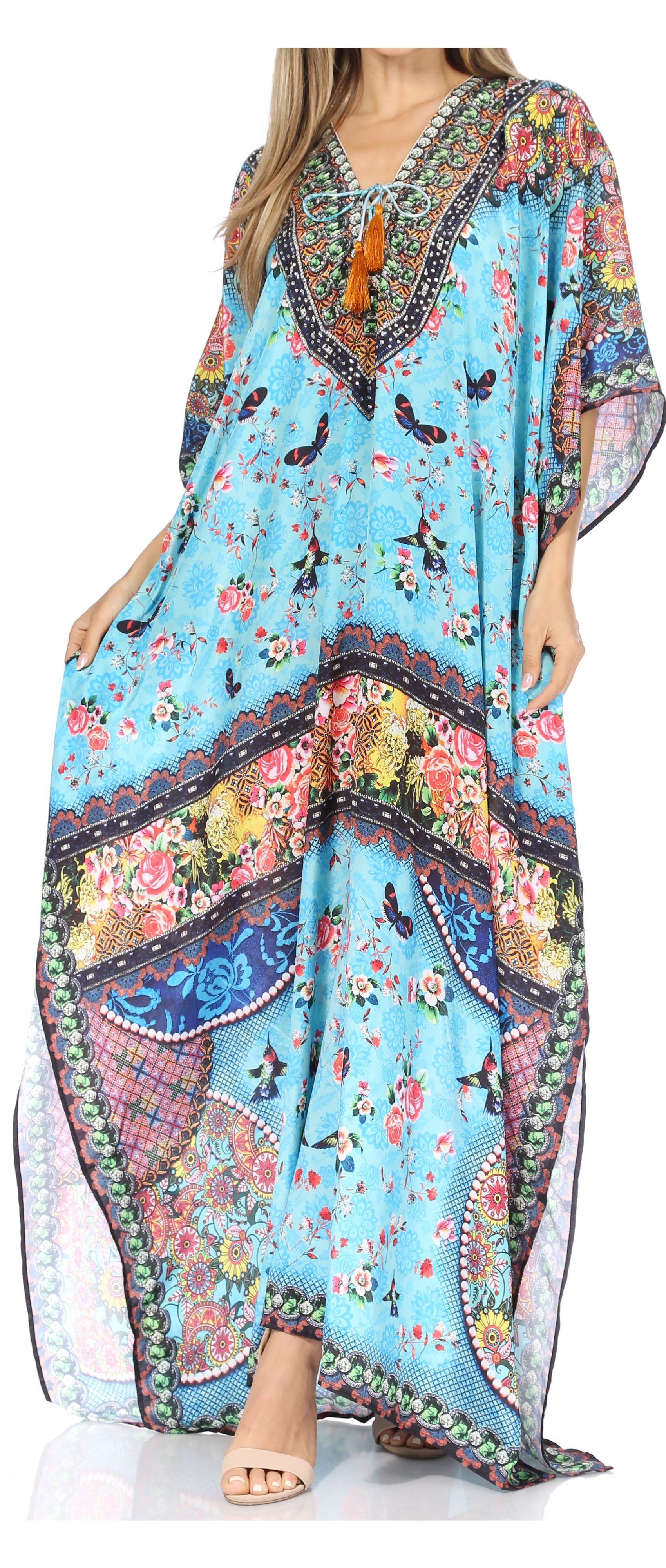 Sakkas Georgettina Flowy Rhinestone V Neck Long Caftan Dress/Cover Up - Concordia Style Boutique
