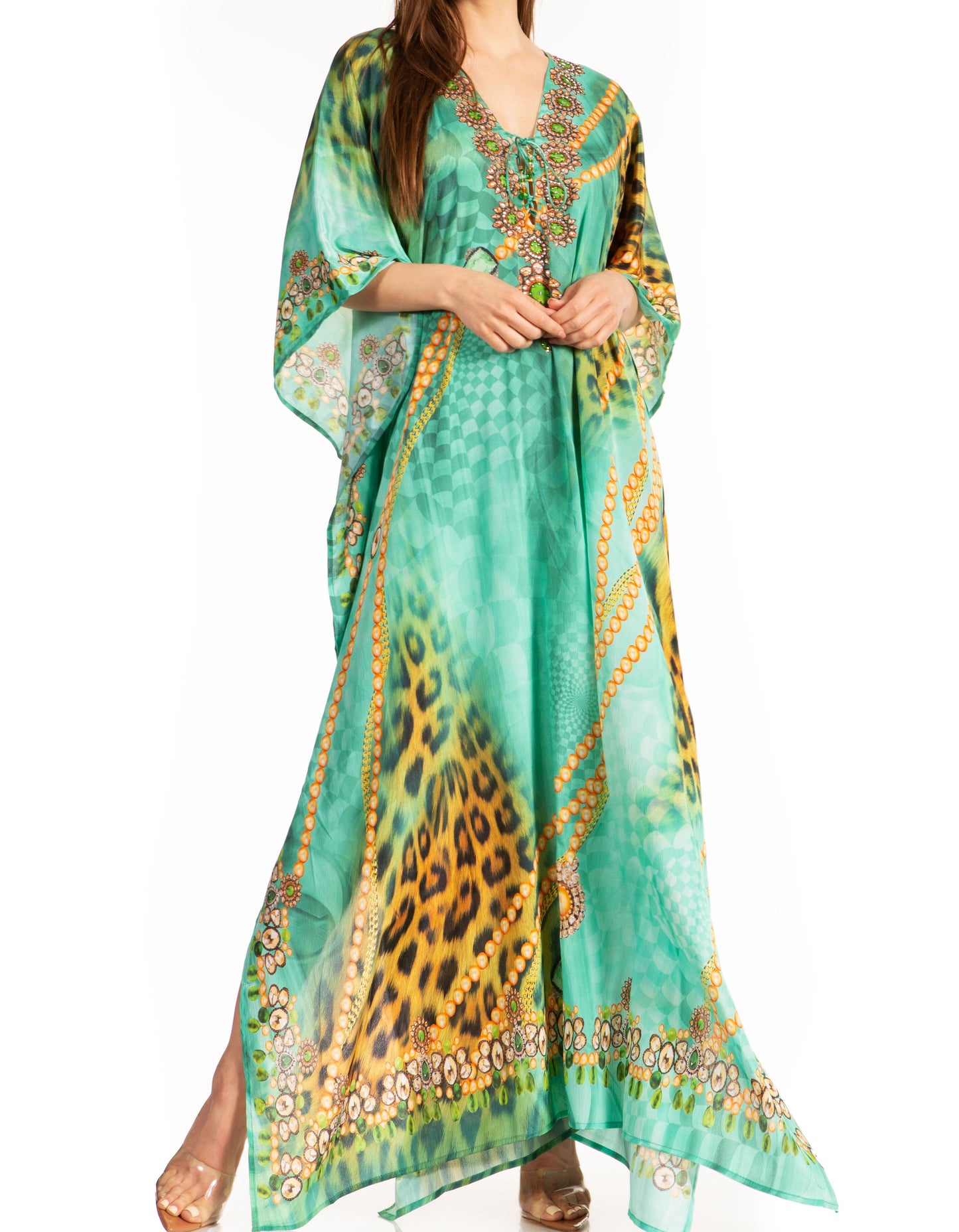 Sakkas Georgettina Flowy Rhinestone V Neck Long Caftan Dress/Cover Up - Concordia Style Boutique