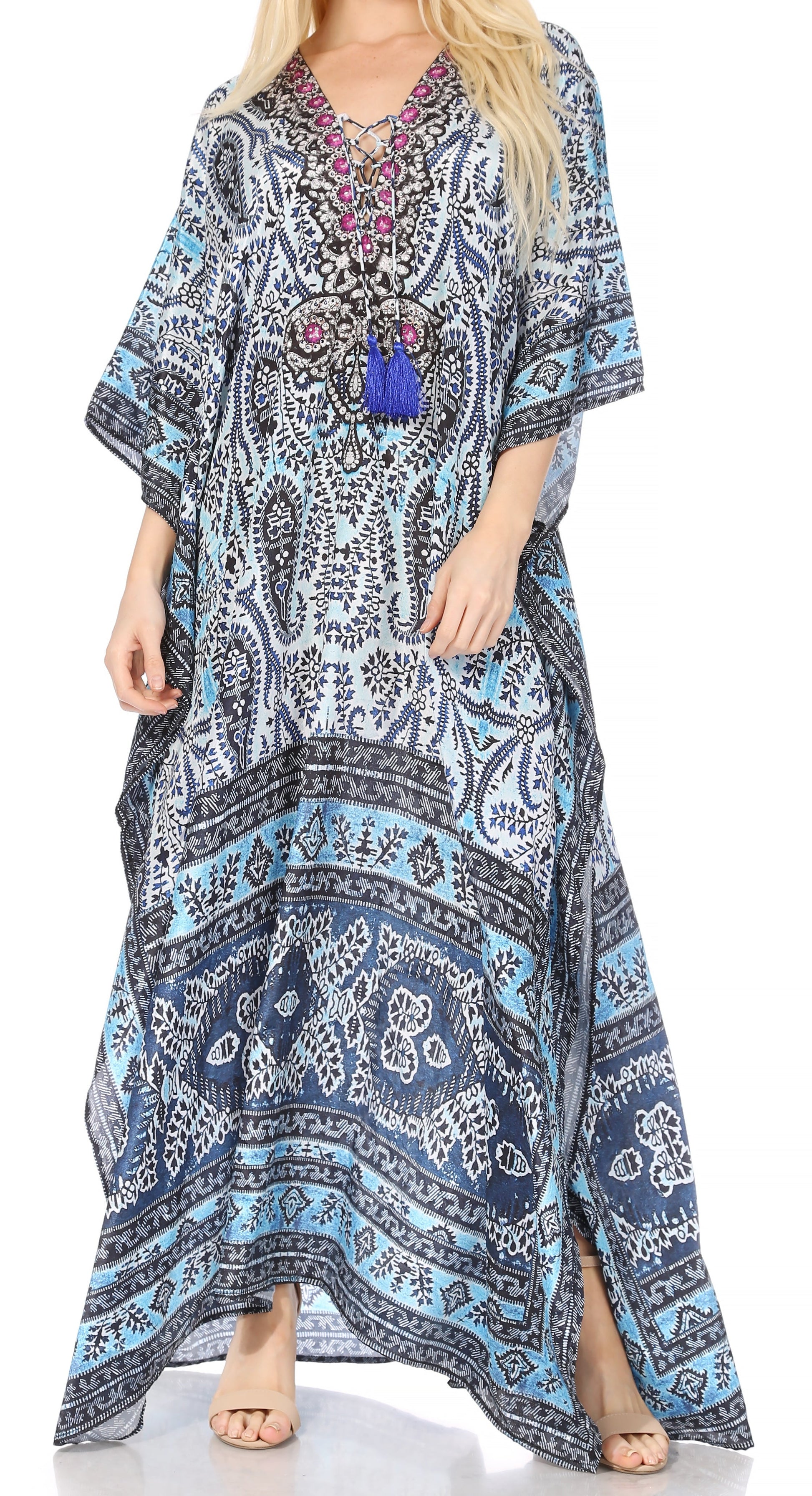 Sakkas Georgettina Flowy Rhinestone V Neck Long Caftan Dress/Cover Up - Concordia Style Boutique