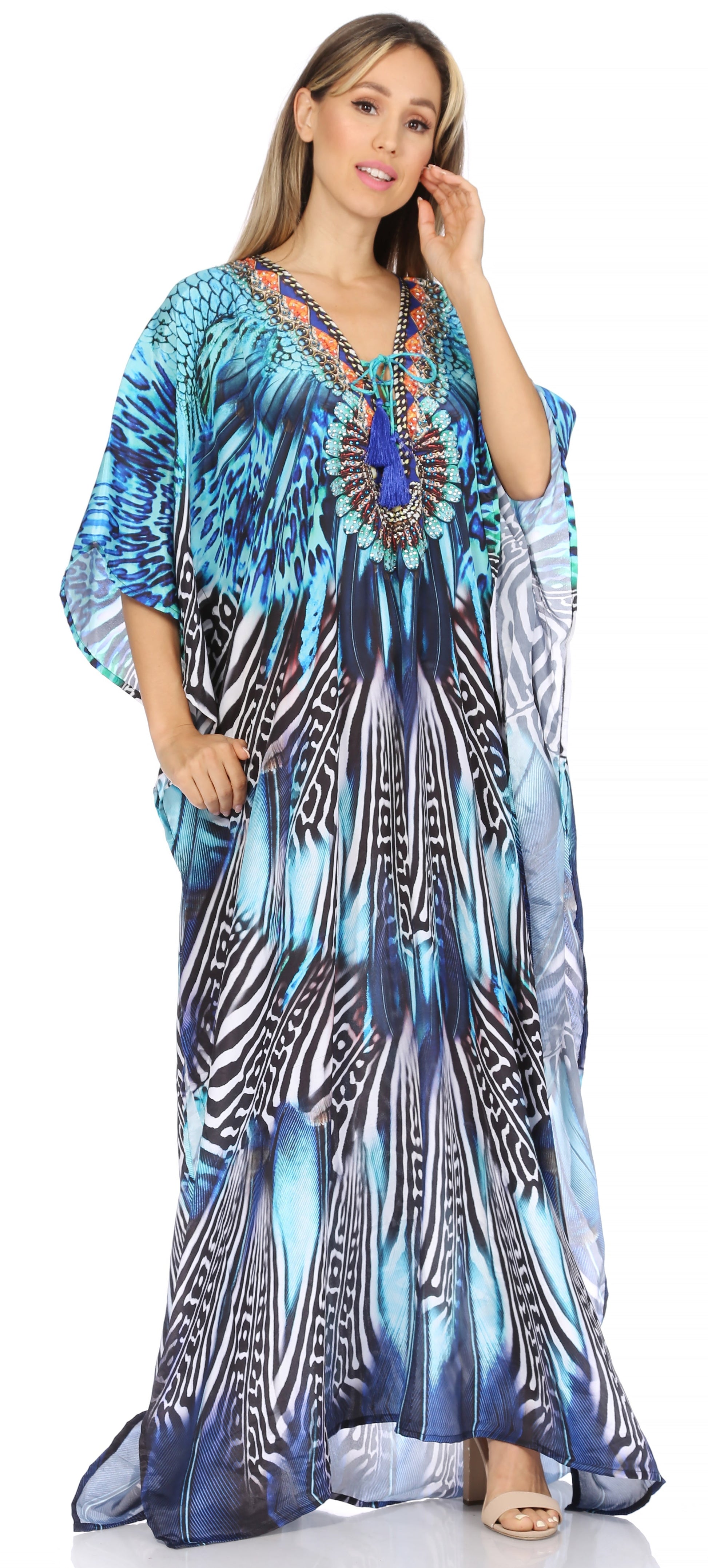 Sakkas Georgettina Flowy Rhinestone V Neck Long Caftan Dress/Cover Up - Concordia Style Boutique