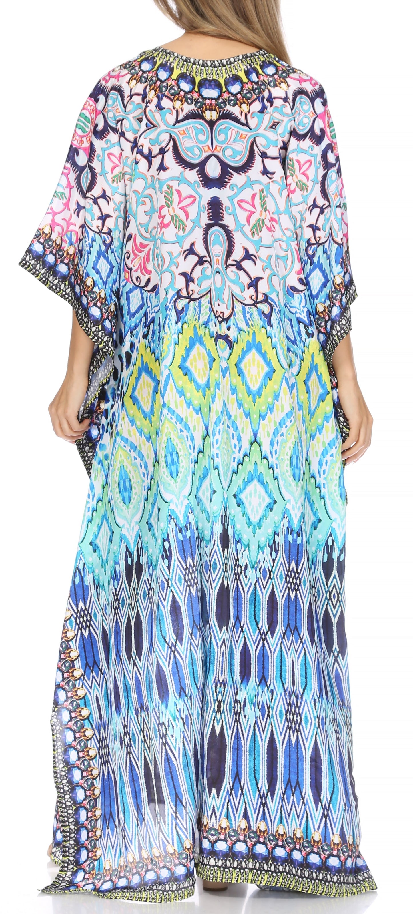 Sakkas Georgettina Flowy Rhinestone V Neck Long Caftan Dress/Cover Up - Concordia Style Boutique