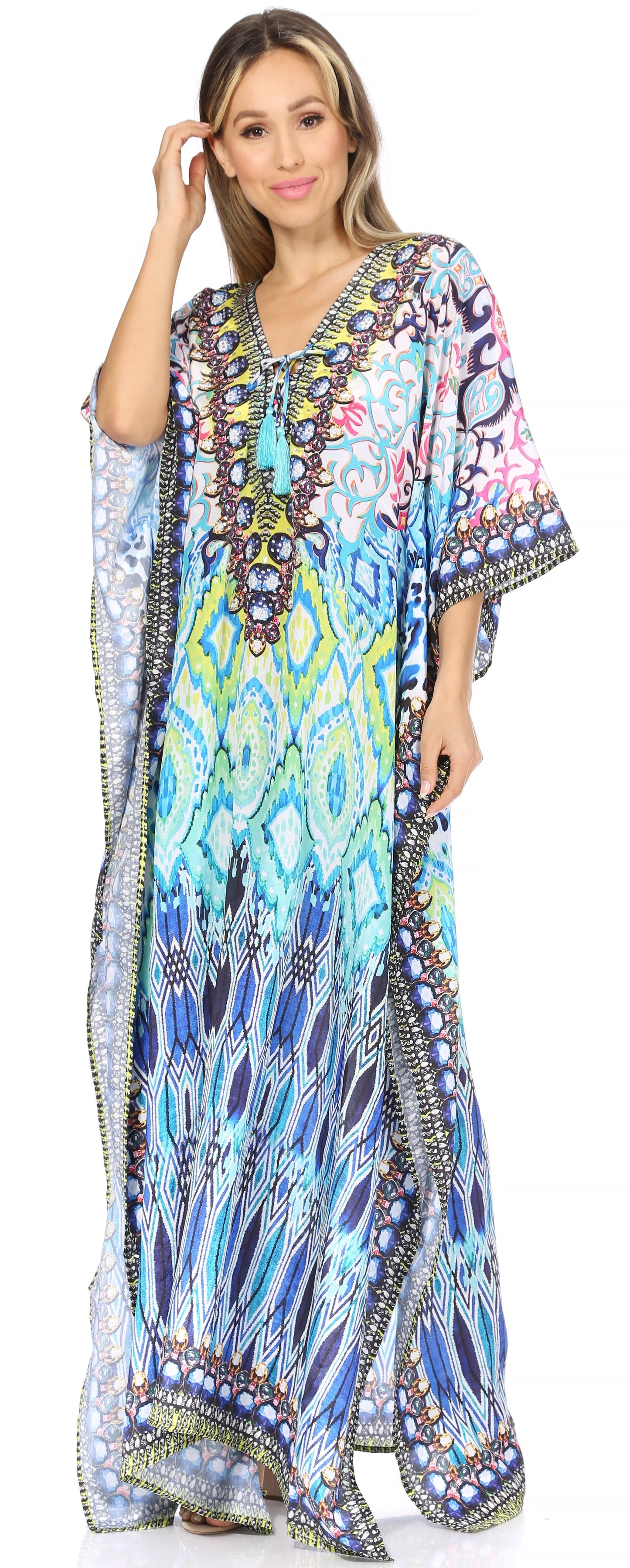 Sakkas Georgettina Flowy Rhinestone V Neck Long Caftan Dress/Cover Up - Concordia Style Boutique