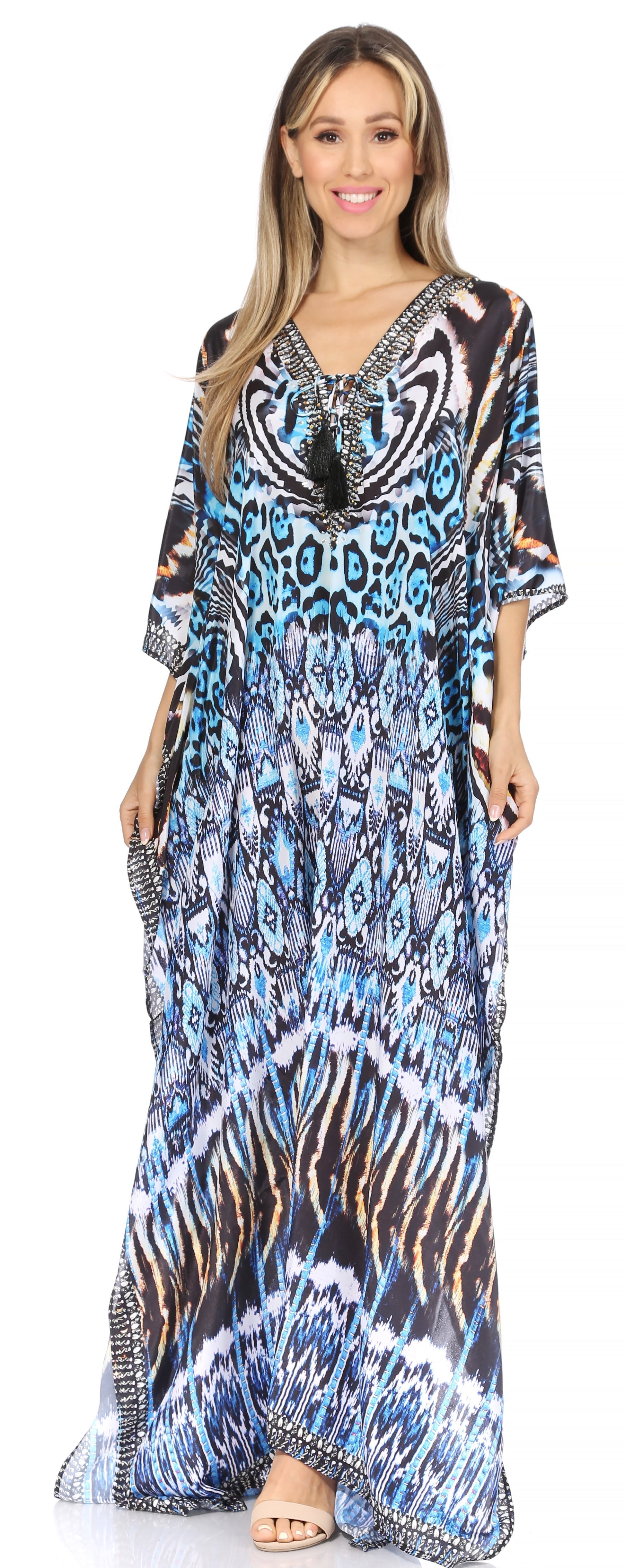 Sakkas Georgettina Flowy Rhinestone V Neck Long Caftan Dress/Cover Up - Concordia Style Boutique