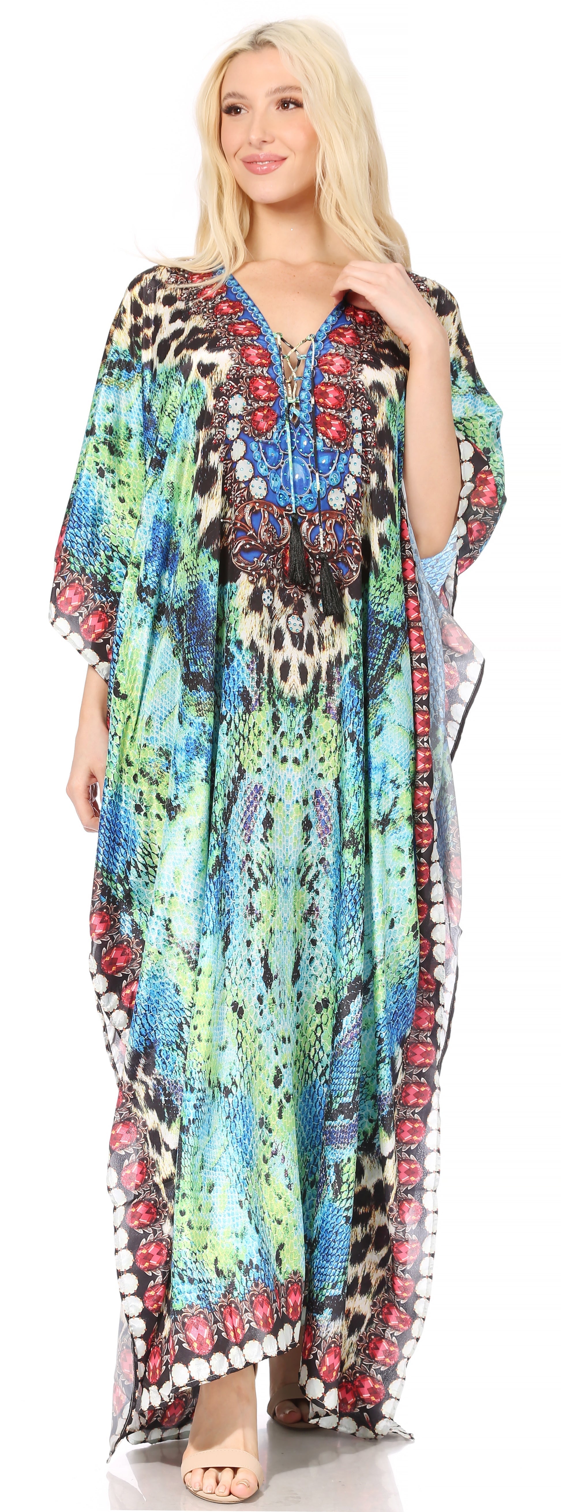 Sakkas Georgettina Flowy Rhinestone V Neck Long Caftan Dress/Cover Up - Concordia Style Boutique