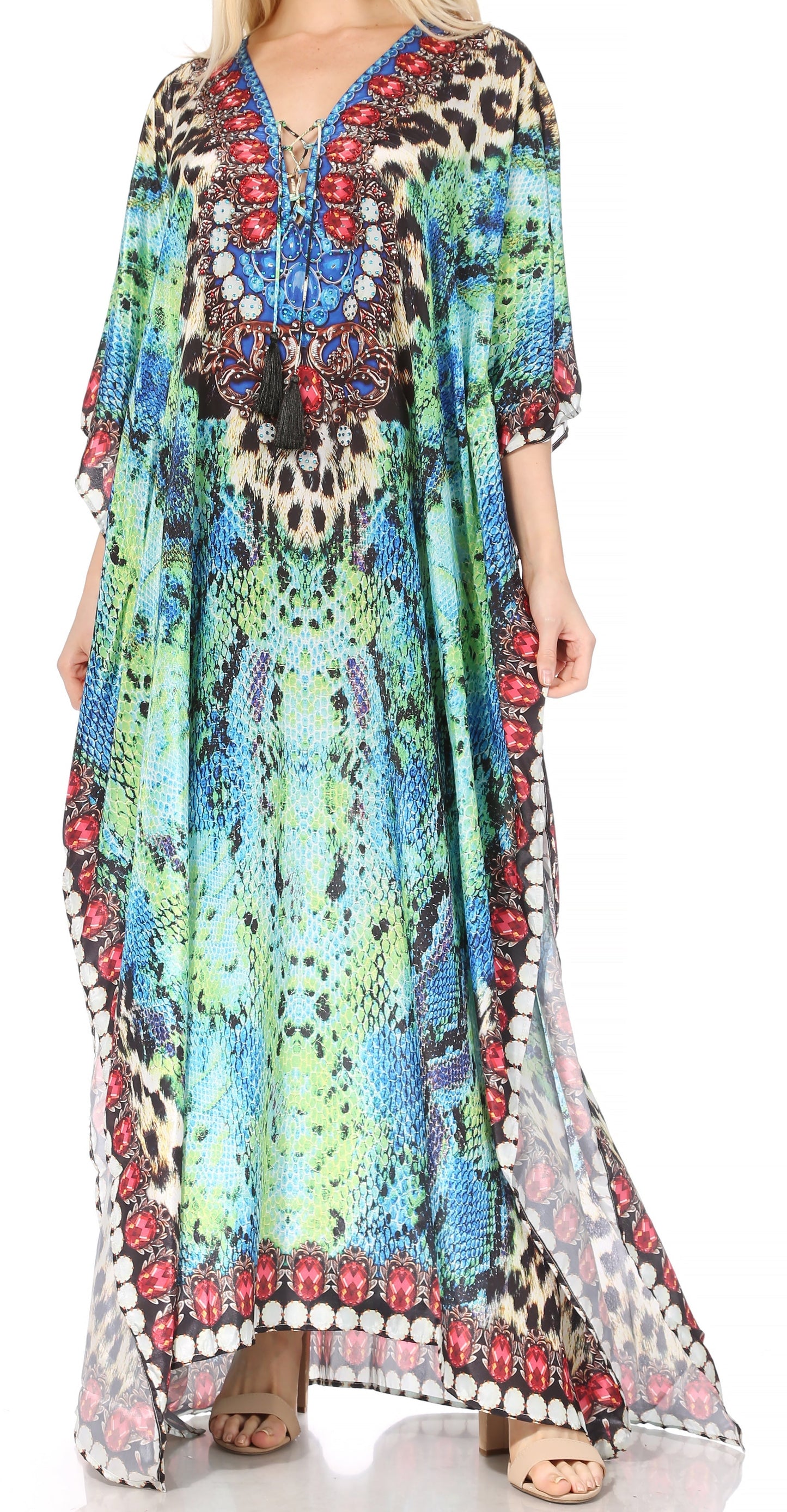 Sakkas Georgettina Flowy Rhinestone V Neck Long Caftan Dress/Cover Up - Concordia Style Boutique