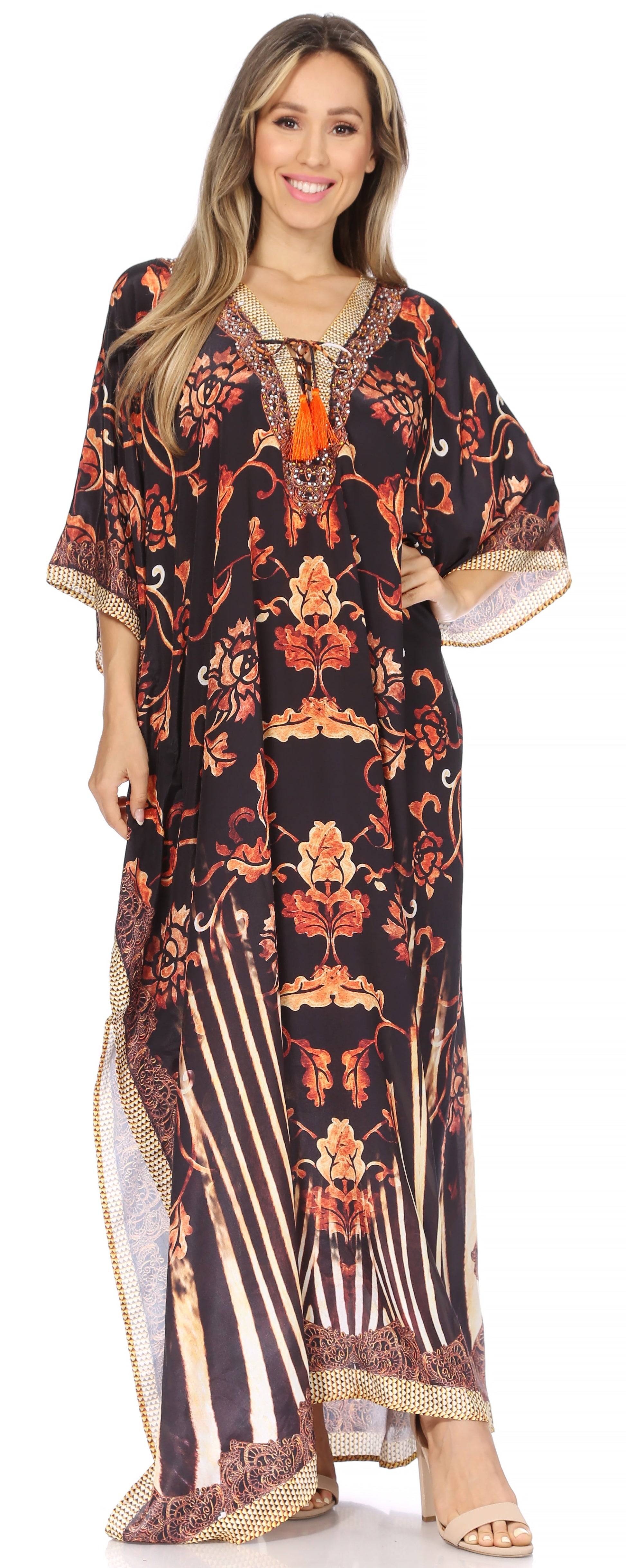 Sakkas Georgettina Flowy Rhinestone V Neck Long Caftan Dress/Cover Up - Concordia Style Boutique