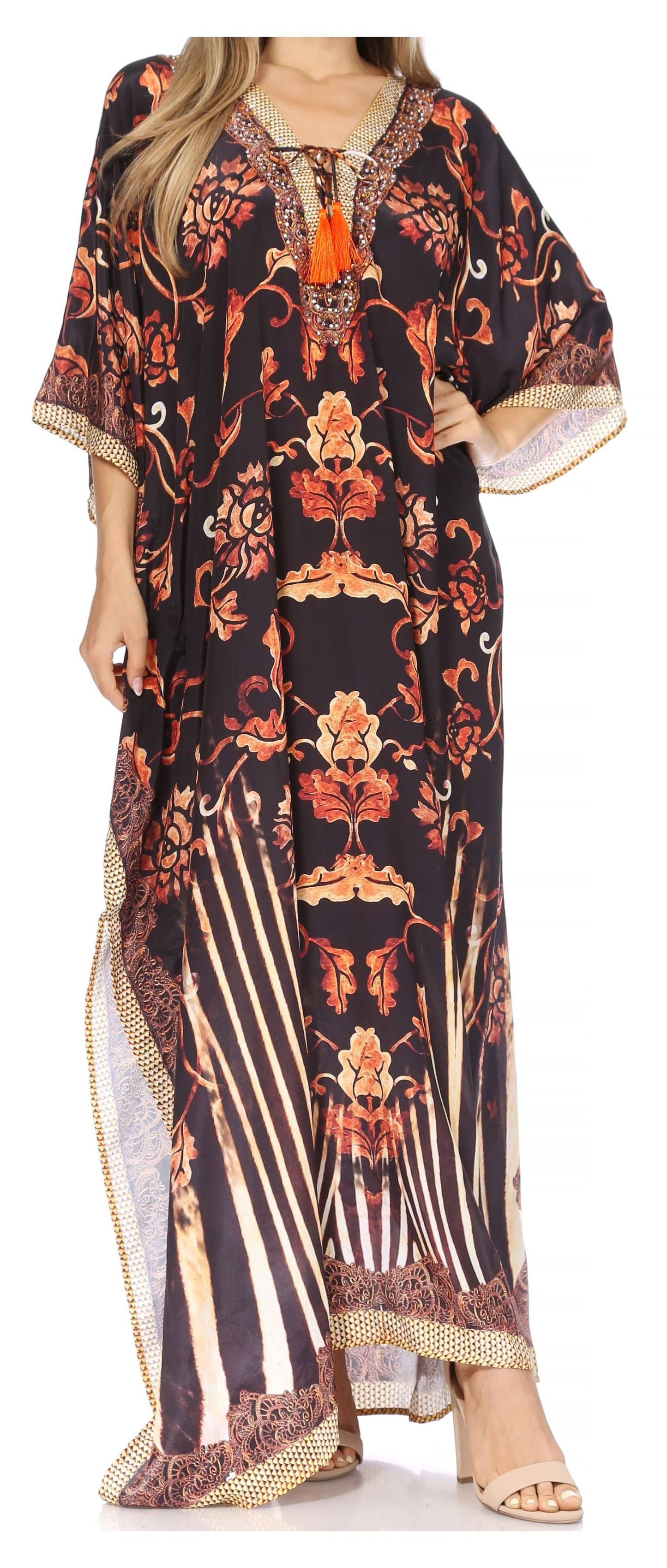 Sakkas Georgettina Flowy Rhinestone V Neck Long Caftan Dress/Cover Up - Concordia Style Boutique